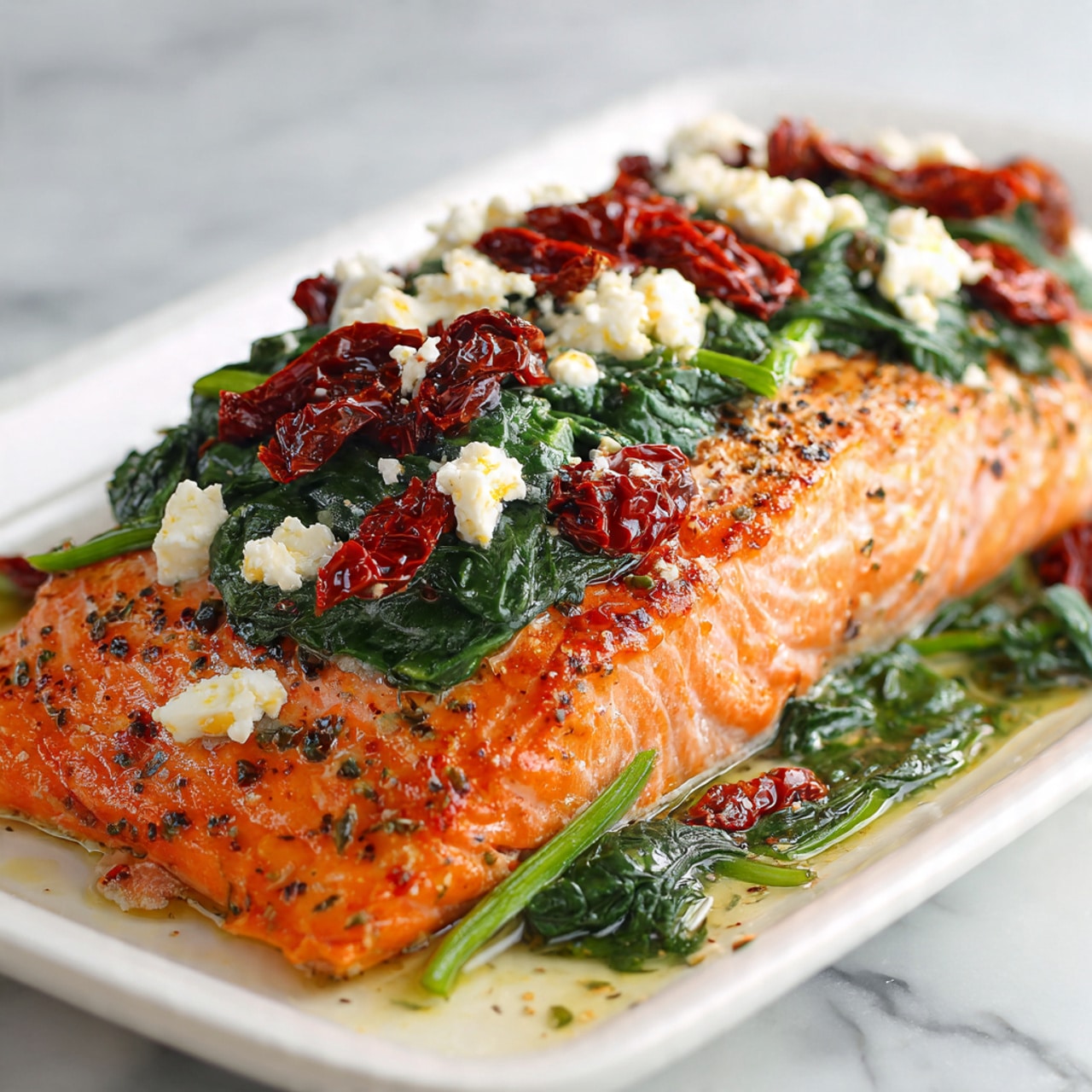 The image shows a large piece of cooked salmon with a light orange color and moist, flaky texture. On top of the salmon, there are several layers: a base of wilted dark green spinach, followed by scattered chunks of white feta cheese, and pieces of dark red sun-dried tomatoes. The salmon is placed on a white plate, and the background is a white marbled surface. The colors of the dish contrast nicely, showing the freshness and richness of the ingredients. photo taken with an iphone --ar 4:5 --v 7