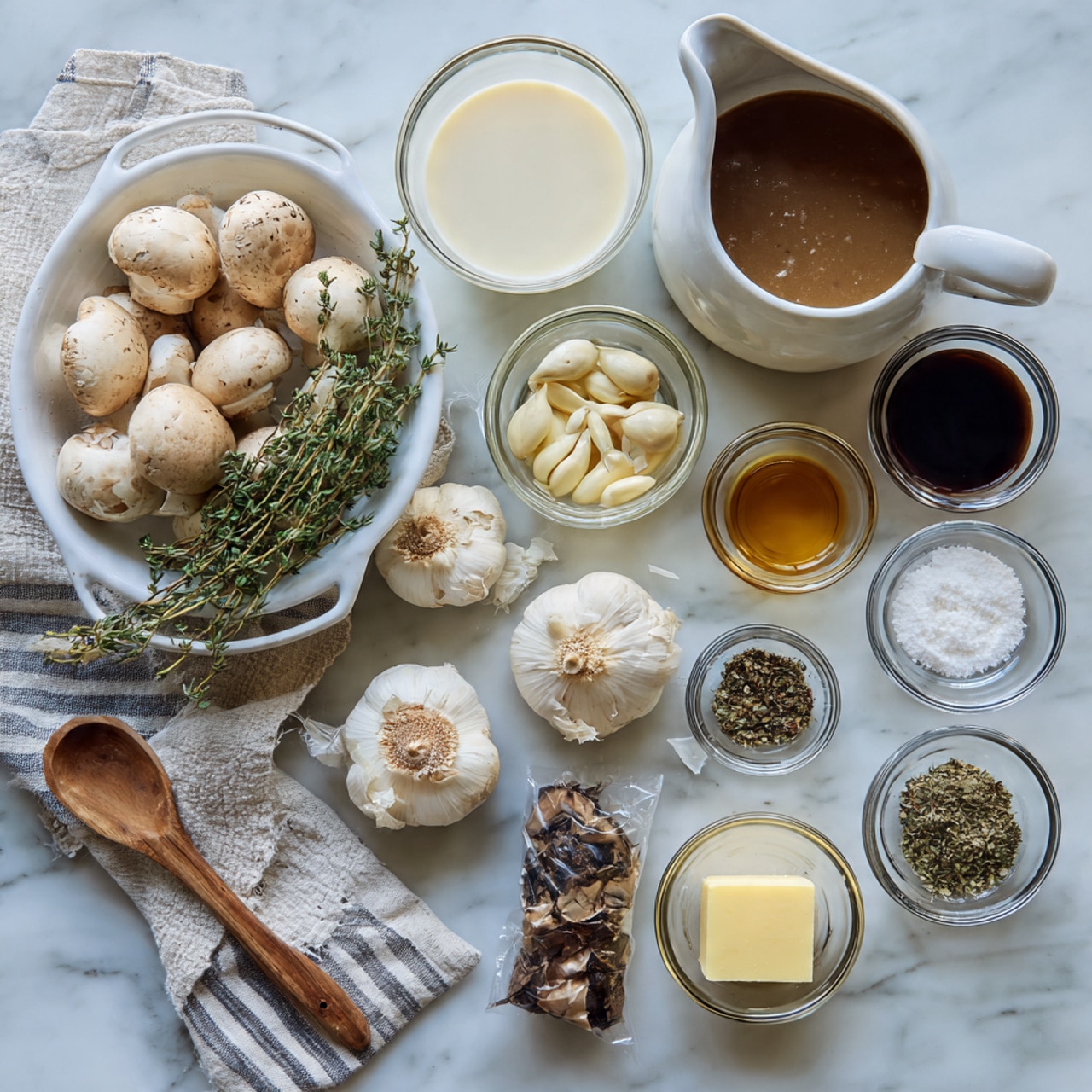 The image shows an overhead view of various cooking ingredients neatly arranged on a white marbled surface. On the left, there is a white colander filled with fresh white mushrooms and a few light brown shallots, garnished with a small bunch of green thyme. Next to it, there is a glass bowl with a white creamy liquid. Above, a white gravy boat holds a brown broth. In the center, a small clear bag of dried porcini mushrooms stands upright. Around it, several small glass bowls contain different ingredients: whole garlic cloves, a square of light yellow butter, some honey, soy sauce, dried herbs, coarse black pepper, and pink Himalayan salt with a small wooden spoon. A cup of white flour is also present, along with a striped linen cloth on the far sides of the surface. photo taken with an iphone --ar 4:5 --v 7