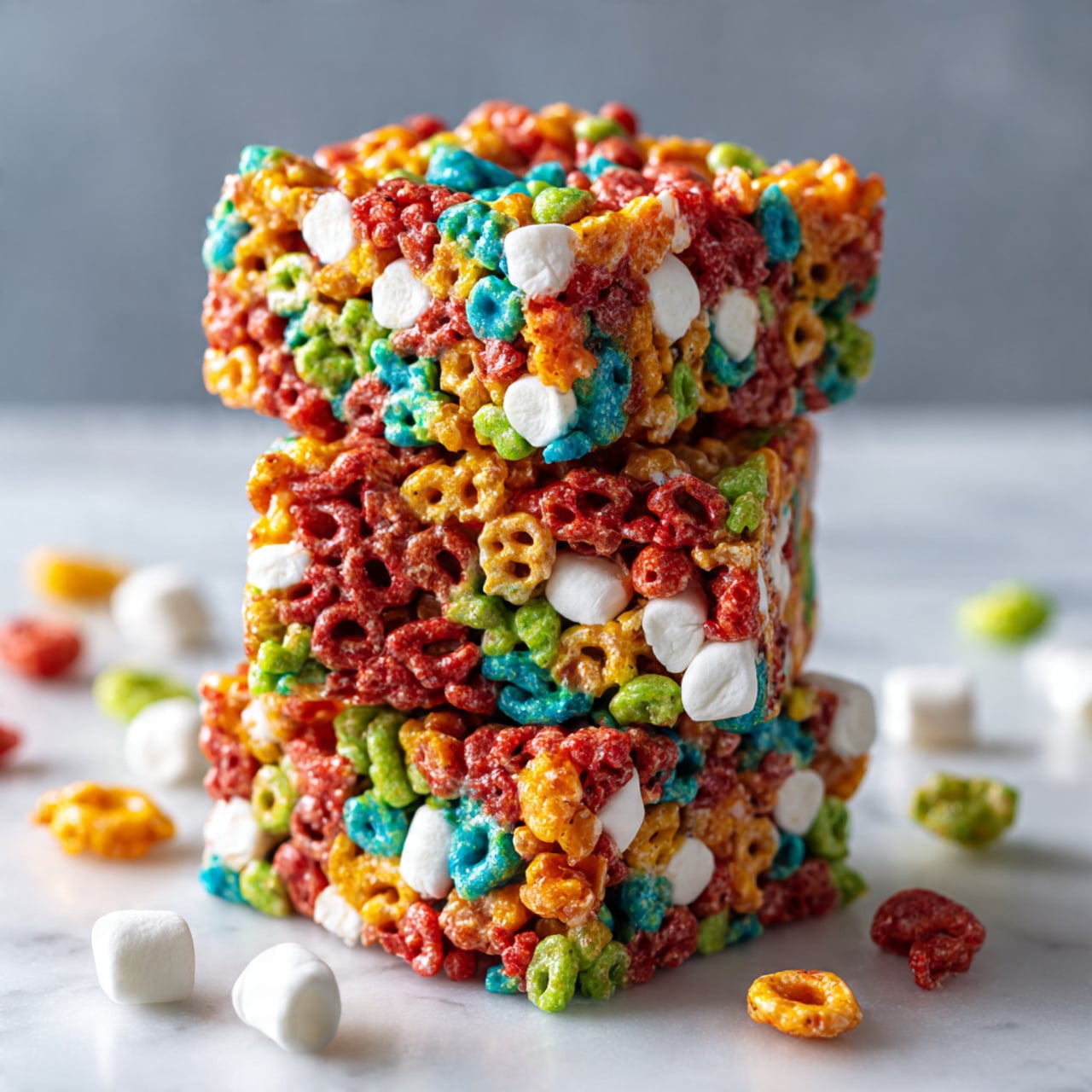 A stack of three bright, colorful cereal treats stands tall on a white marbled surface, each treat made of tightly packed, multicolored cereal pieces in red, green, yellow, blue, and orange. Small white marshmallows are embedded within the treats, adding texture and contrast. Around the base and blurred background, loose cereal pieces and marshmallows are scattered, enhancing the playful, sweet theme. The treats have a slightly sticky, glossy appearance, showing the syrup holding them together. photo taken with an iphone --ar 4:5 --v 7