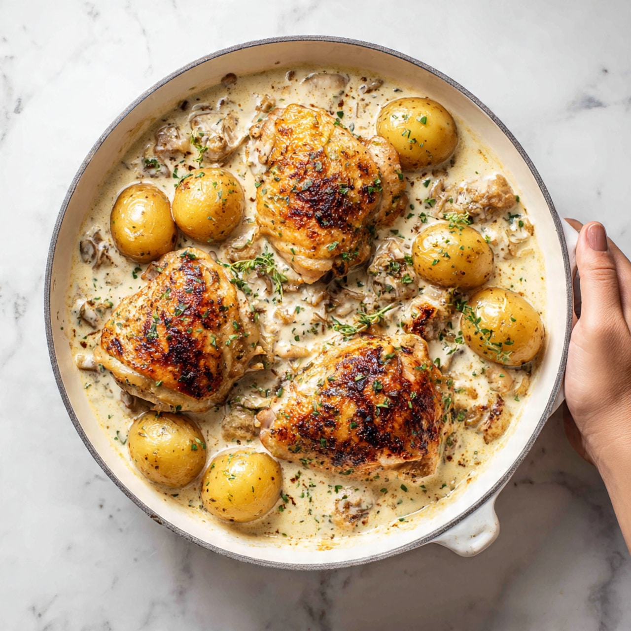 A white pan filled with three browned pieces of cooked chicken layered on top of a thick, creamy white sauce with visible herbs and spices. Around the chicken, there are several small cooked potatoes with a light brown skin, soaking partially in the sauce. The chicken pieces have a crispy, dark golden crust with slight charring and a textured surface. A woman's hand is holding the pan from the handle, hovering on the right side. The background is a white marbled surface. photo taken with an iphone --ar 4:5 --v 7