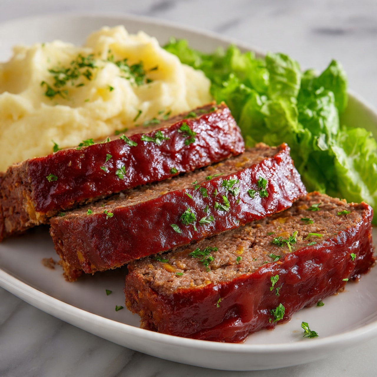 The image shows three thick slices of meatloaf arranged in a row on a white plate with mashed potatoes and green lettuce on the side. The meatloaf has a shiny, dark red sauce on top that looks smooth and glossy, while the inside is brown with small bits of herbs and vegetables visible throughout. The mashed potatoes are creamy and light yellow, placed behind the meatloaf, and the green lettuce adds a fresh touch to the side. Everything is placed on a white marbled surface. photo taken with an iphone --ar 4:5 --v 7