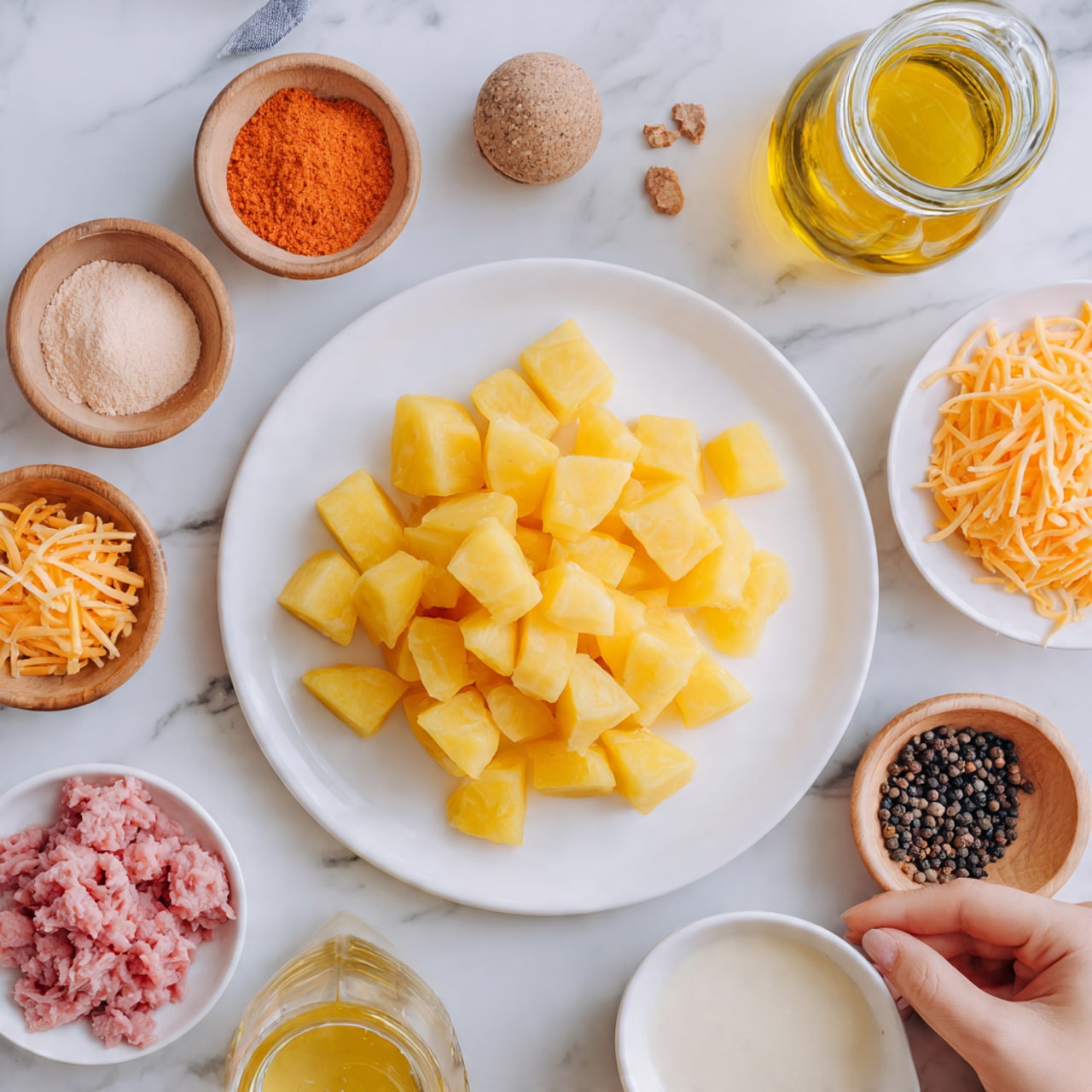 The image shows a white plate filled with evenly cut yellow potato cubes as the main focus, placed on a white marbled surface. Surrounding the plate are small white bowls and containers holding different ingredients: shredded bright orange cheese, pink chopped meat, a bowl with smooth beige powder, a wooden salt bowl with white salt and orange-red spice, a bottle of yellow oil, a clear glass jar of golden liquid, black peppercorns in a small dish, and a bowl of thick white sauce. A woman's hand is reaching toward the plate. The overall setting is clean and bright. photo taken with an iphone --ar 4:5 --v 7