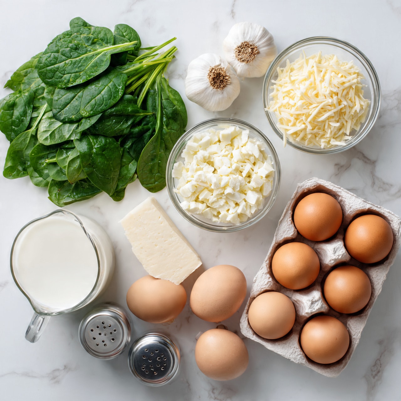 The image shows a white marble surface with several cooking ingredients neatly arranged. There is a bunch of fresh green spinach leaves on the left, next to three garlic cloves. In the center, there is a block of white cheese alongside a small pile of shredded cheese. To the right, a small transparent white bowl holds diced vegetables. Below, ten brown eggs are lined up in a row, and a white container filled with ground meat is placed on the bottom right. On the lower left, there is a small glass pitcher of milk, a salt shaker, and an empty glass bowl. Photo taken with an iphone --ar 4:5 --v 7