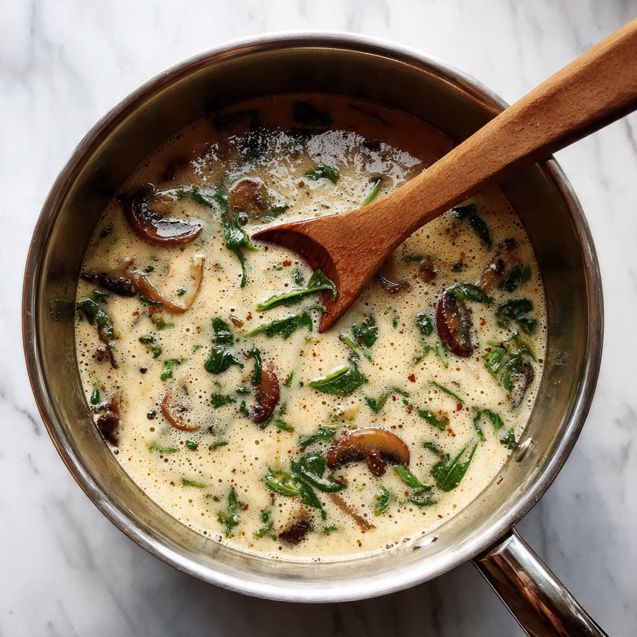 A shiny metal pot filled with a creamy light beige soup, with visible green leafy pieces and dark brown mushroom slices spread through the soup. The texture of the soup looks thick and smooth with small bubbles on the surface. A wooden spoon is placed inside the pot, partially submerged in the soup, and the pot sits on a white marbled surface. photo taken with an iphone --ar 4:5 --v 7