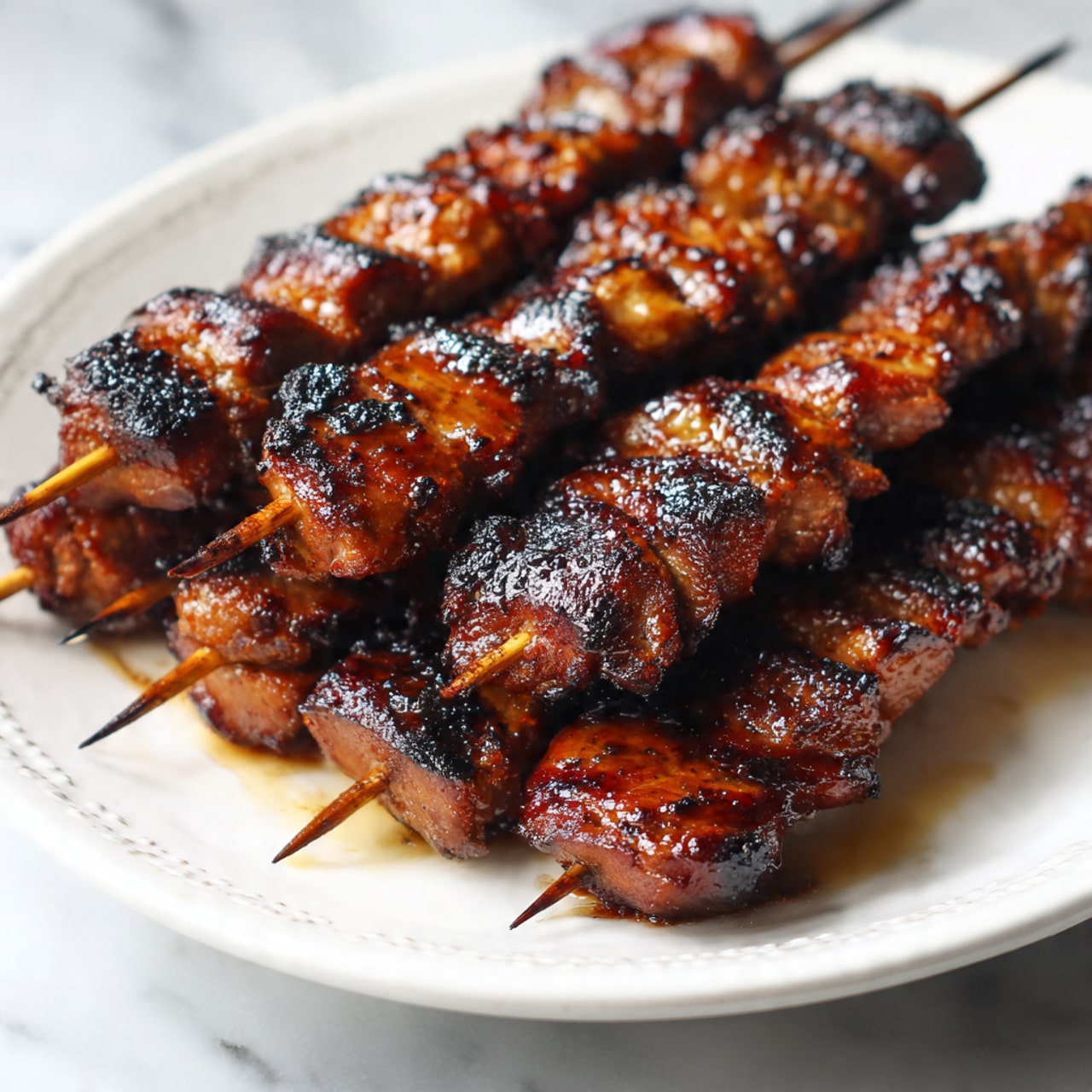 The image shows a close-up of multiple grilled meat skewers stacked on a white plate with a simple pattern along the edge. The skewers are arranged mostly in a horizontal line, with the grilled pieces showing a dark brown, slightly charred texture and shiny, caramelized glaze. The background is a white marbled surface, which highlights the rich, deep brown color of the grilled meat. The photo taken with an iphone --ar 4:5 --v 7