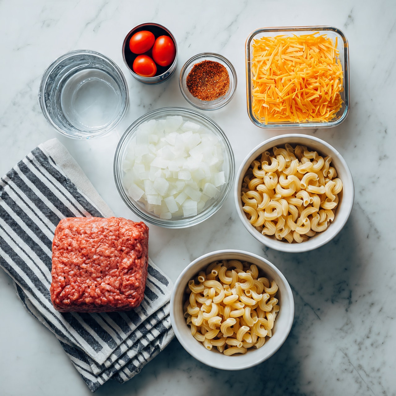 The image shows six ingredients arranged neatly on a white marbled surface. At the center is a clear glass bowl filled with white chopped onion pieces. To the right, there is a white bowl filled with uncooked elbow macaroni. Above it is a small white bowl full of shredded orange cheese. To the left of the onion bowl, a clear rectangular glass container holds a block of raw ground meat which is pinkish-red. Below the meat container, there is a striped black and white cloth. Above the meat, a small white bowl contains a reddish spice mix. To the upper left of the onion bowl, an opened can with whole peeled tomatoes is placed. Near the top left corner, a clear glass measuring cup contains water. The clean and organized layout sits on the textured white marble surface. Photo taken with an iphone --ar 4:5 --v 7