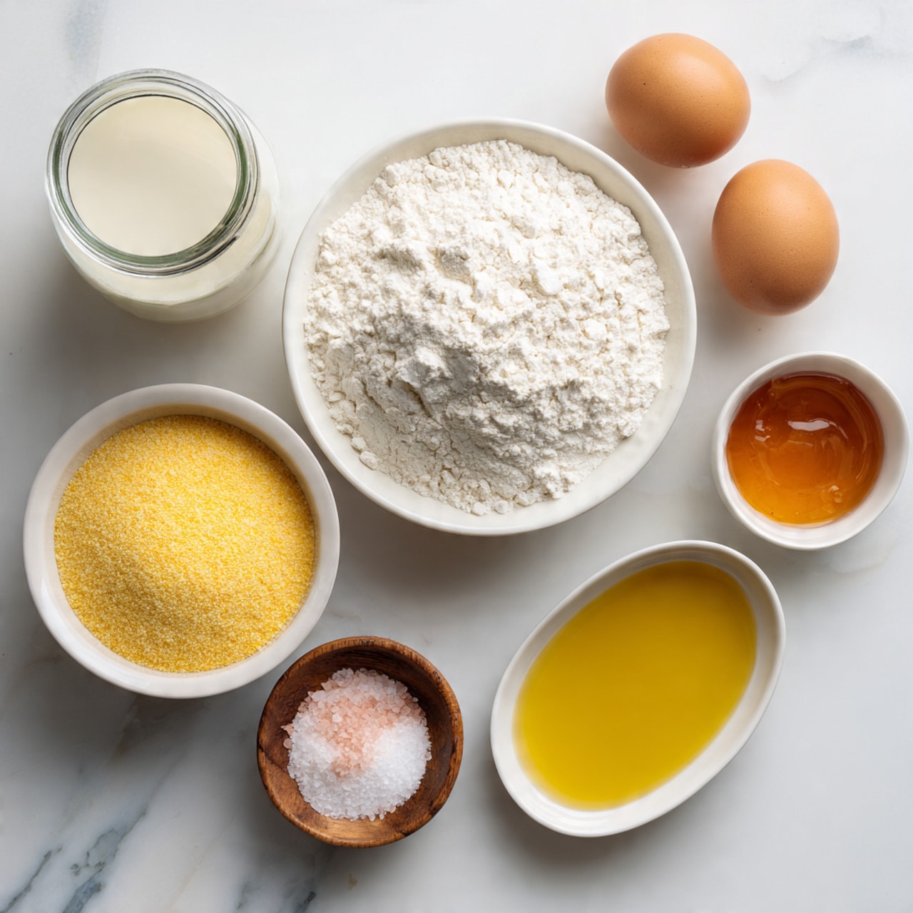The image shows seven ingredients arranged neatly on a white marbled surface. There are two white bowls, one filled with fine white flour piled high and the other with bright yellow cornmeal that has a slightly grainy texture. A clear glass jar holds a creamy white liquid, likely milk, positioned at the top left. Two light brown eggs rest side by side near the center right. To their right is a small white bowl filled with amber-colored honey, smooth and shiny, and below the eggs is an oval white bowl containing a small amount of golden oil. Finally, a small wooden bowl at the bottom left holds a mix of white baking powder and pink salt, the powders slightly textured and uneven. photo taken with an iphone --ar 4:5 --v 7