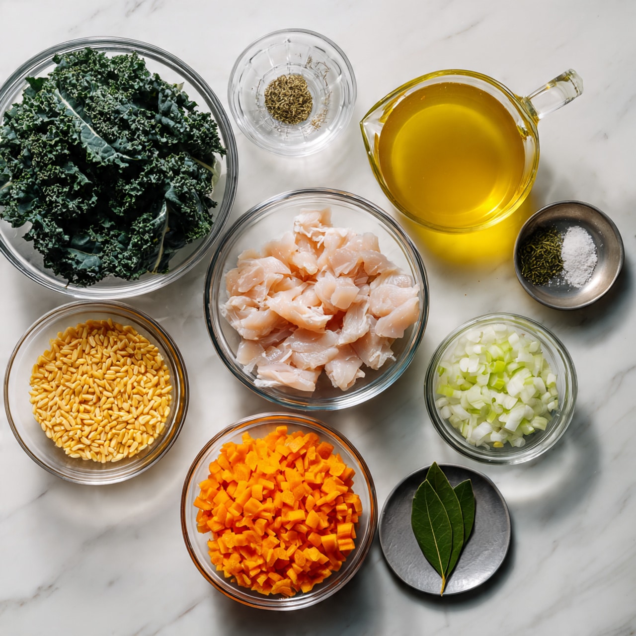 The image shows clear glass bowls with different ingredients on a white marbled surface. The largest bowl on the left holds dark green leafy kale with a ruffled texture. Near the center, a mid-size bowl contains pale pink pieces of raw chicken on top. Around this are smaller bowls: one with light orange orzo pasta grains, another with chopped white onions, one with bright orange diced carrots, and one with light green chopped celery. Above is a clear measuring cup filled with golden-yellow broth. Smaller bowls hold yellow liquid (likely melted butter), a small amount of salt, finely chopped garlic, dried herbs, and a fresh dark green bay leaf on a small silver plate. The arrangement is neat and the colors contrast well with the white marbled background. photo taken with an iphone --ar 4:5 --v 7