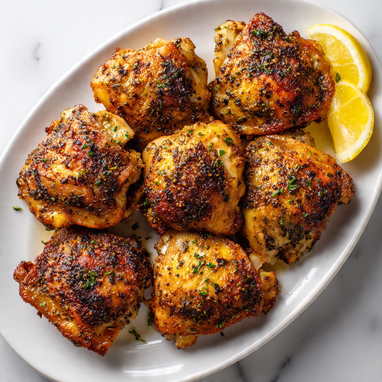 The image shows six pieces of cooked chicken thighs on a white oval plate placed on a white marbled surface. The chicken thighs are golden brown with a textured, slightly crispy skin, seasoned with visible herbs and spices scattered on top. The pieces are arranged closely together, slightly overlapping, filling the plate. On the top right corner of the image, there are partially visible slices of lemon, and some green herbs appear on the bottom right side near the plate edge. The overall color tones are warm with the rich brown of the chicken contrasted by the white plate and background. Photo taken with an iphone --ar 4:5 --v 7