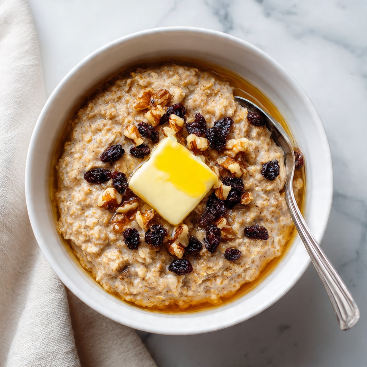 A white bowl with a thick, light brown oatmeal base that has a slightly chunky texture. On top, there is a bright yellow dollop of butter slightly melting in the center. Surrounding the butter are dark brown raisins and small walnut pieces sprinkled generously. A thin layer of amber syrup edges the oatmeal, pooling around the sides. A silver spoon rests inside the bowl on the right side. The bowl sits on a white marbled surface with part of a soft, off-white cloth on the left side of the frame photo taken with an iphone --ar 4:5 --v 7