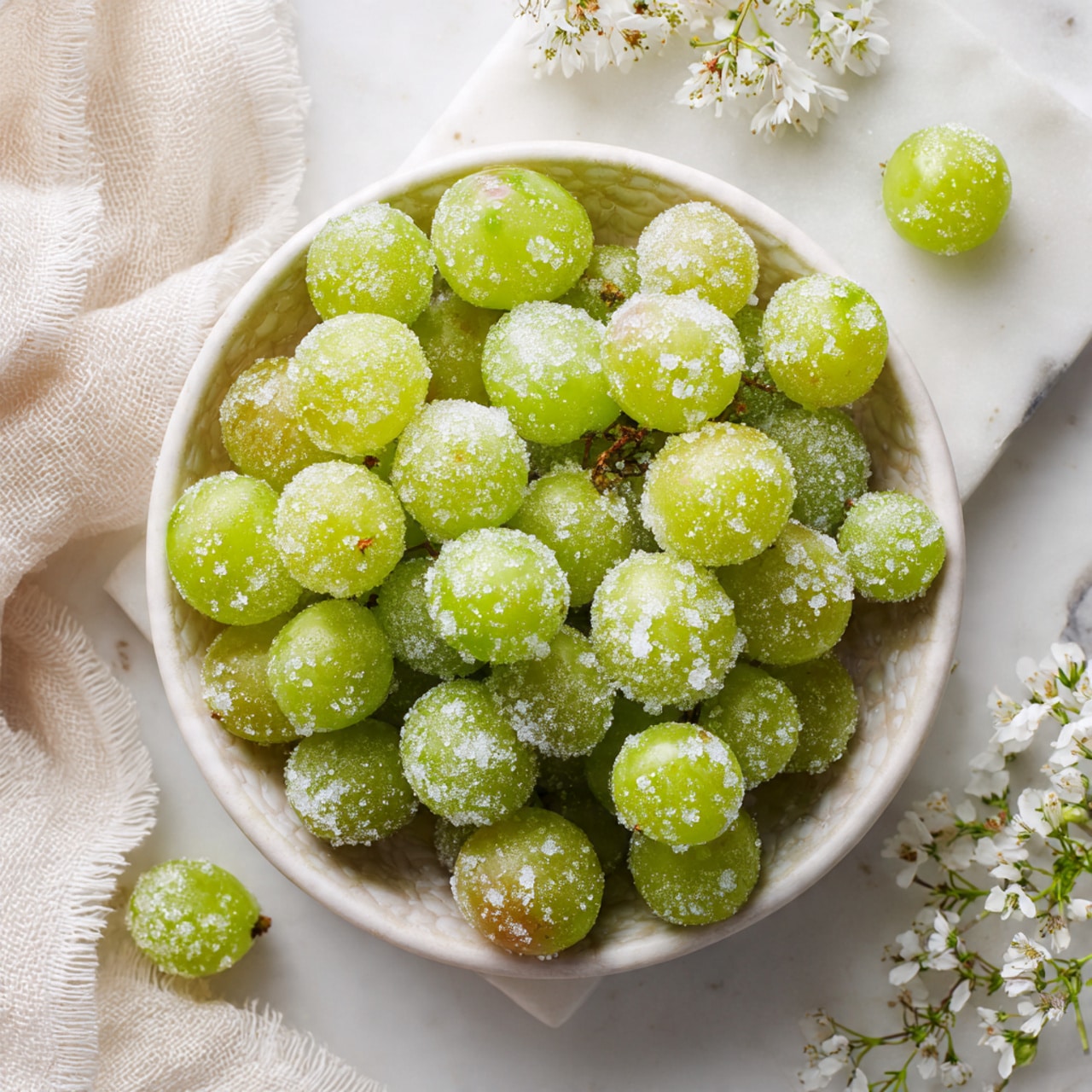 A close-up top view of many green grapes covered in white sugar crystals in a round bowl with a light pattern, sitting on a white marbled rectangular board. The board rests on a white marbled surface with soft green tones. Small white flowers and a few loose sugar-coated grapes are scattered around the bowl. A cream-colored textured cloth is on the left side. The soft light highlights the sugar's sparkle on the grapes, creating a fresh and sweet look. photo taken with an iphone --ar 4:5 --v 7