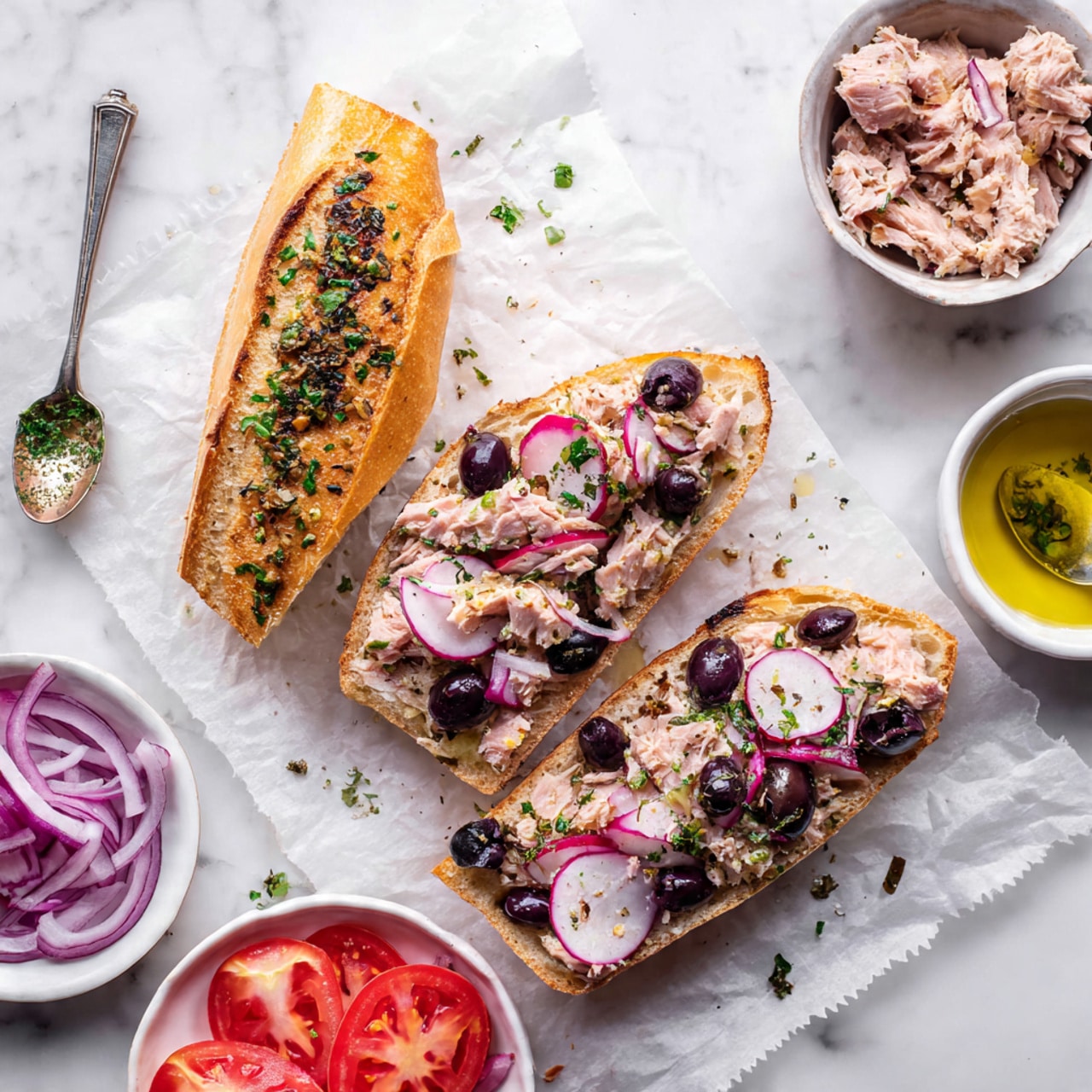 A sandwich open flat on white parchment paper shows two halves of a small baguette. The left half is toasted with a light brown color and topped with scattered green herbs. The right half is layered with thin, round slices of white radish with red edges, dark purple chopped olives, and light pink chunks of flaky tuna. Around the parchment are a few ingredients: a small white bowl filled with pale pink chunks of tuna, a white bowl with thin rings of purple onion, thin red tomato slices on a white marbled surface, and a small white bowl with herb-dressed oil and a spoon. Photo taken with an iphone --ar 4:5 --v 7