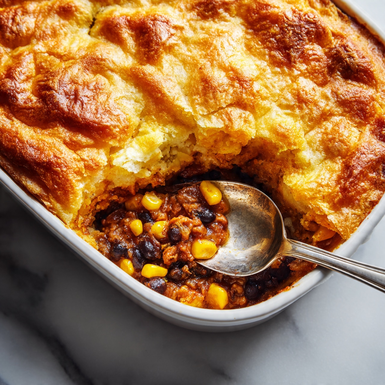 A close-up view of a golden-brown baked casserole with a crinkled, crunchy top layer that looks crispy and flaky. The top layer is broken open slightly, revealing the soft, creamy inside filled with visible black beans and white corn. A silver spoon is scooping into the dish from the front, showing layers of cheesy, creamy texture mixed with beans and corn underneath the crust. The dish is in a white pan set on a white marbled surface. The lighting highlights the casserole’s warm colors and texture, photo taken with an iphone --ar 4:5 --v 7