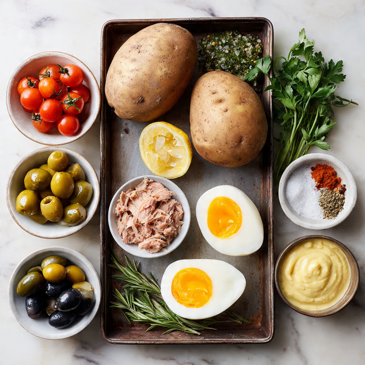 Two whole russet potatoes with a rough brown skin sit on an old, dark metal tray in the center. Around the tray on a white marbled surface are small white bowls and plates holding bright red cherry tomatoes, green and black olives, flaked light pink tuna, green capers, yellow mustard, creamy light beige sauce, mixed pepper seeds, a half lemon, two garlic cloves, two soft boiled eggs with golden yolks, fresh green herbs including parsley and rosemary, and a small bowl of white salt. Photo taken with an iphone --ar 4:5 --v 7