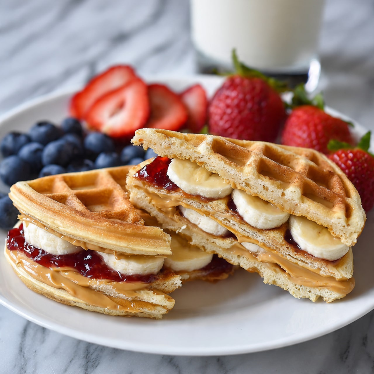 A white plate holds two waffle halves stacked and opened slightly to show the layers inside: the bottom layer is light golden waffle, followed by a smooth peanut butter layer with a creamy texture, then a layer of sliced banana with a soft pale yellow color, topped with a bright red strawberry jam layer, and finished with another waffle half on top. Fresh blueberries and sliced strawberries are arranged behind the waffle sandwich, adding deep blue and red colors. The plate is set on a white marbled surface with a glass of milk in the background. Photo taken with an iphone --ar 4:5 --v 7