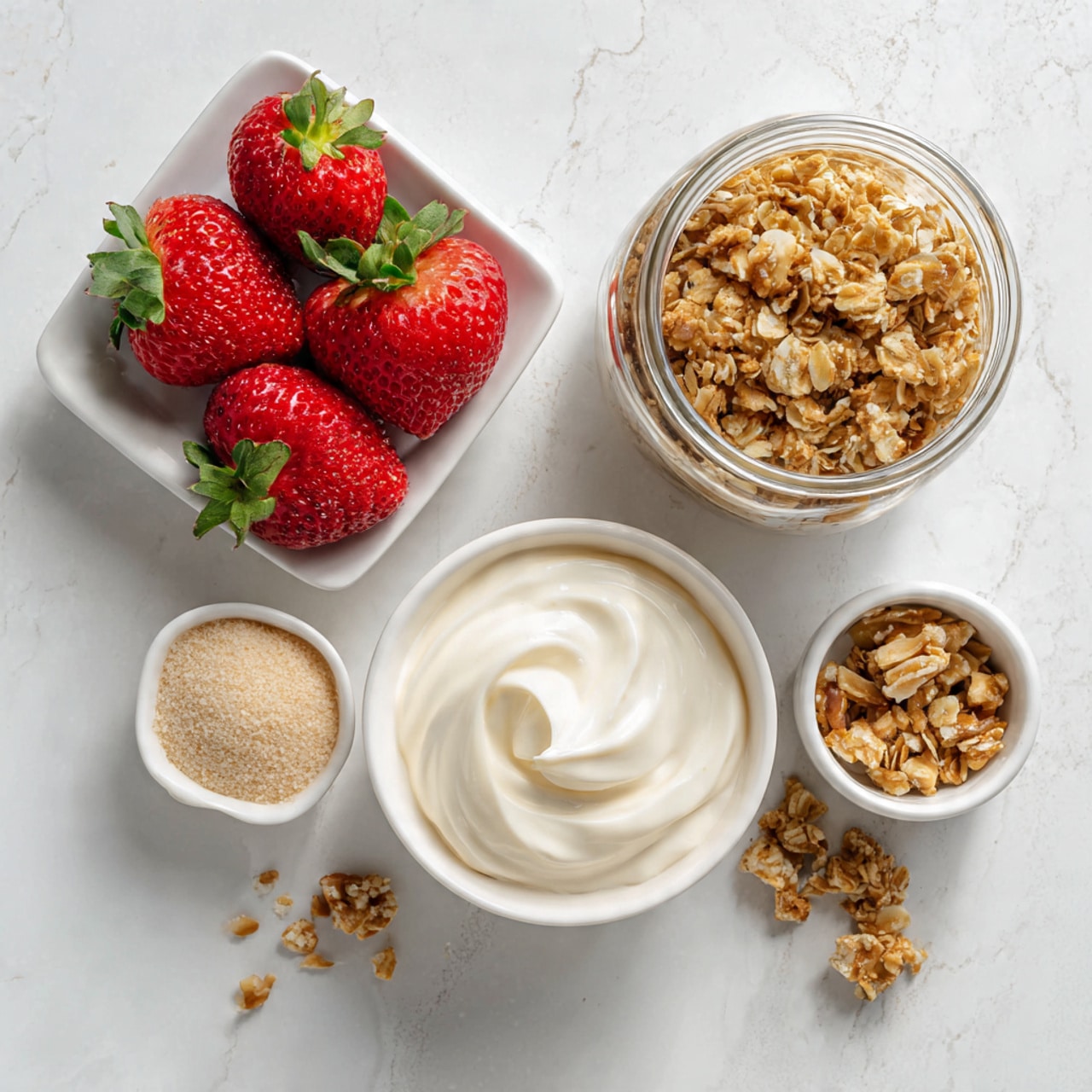 The image shows a few small white dishes on a white marbled surface. In the bottom left dish, there are several bright red strawberries with green leaves stacked together. To the right, a transparent jar is filled with golden brown granola, showing oats and nuts with a textured look. Below the jar, a white bowl holds smooth, creamy white yogurt with soft swirls visible on the surface. At the top left, a small white bowl contains light brown sugar with coarse grains. A few pieces of granola are scattered around the jar. Photo taken with an iphone --ar 4:5 --v 7