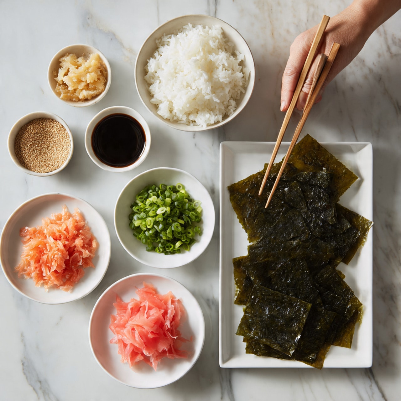 The image shows a white square plate with neatly arranged sheets of dark green seaweed at the bottom right. Above the seaweed plate, there is a small white bowl filled with light beige grated ginger. To its left is a small bowl with golden brown sesame seeds and next to it, a small bowl containing a dark brown soy sauce. Above that is a medium white bowl filled with white rice on the left and a small bowl with bright green chopped scallions in the middle. To the right of the scallions are small piles of salmon flakes and bright pink pickled ginger on small white dishes. At the top, a woman's hand is holding wooden chopsticks above all the ingredients, which are all laid out on a smooth white marble surface. photo taken with an iphone --ar 4:5 --v 7