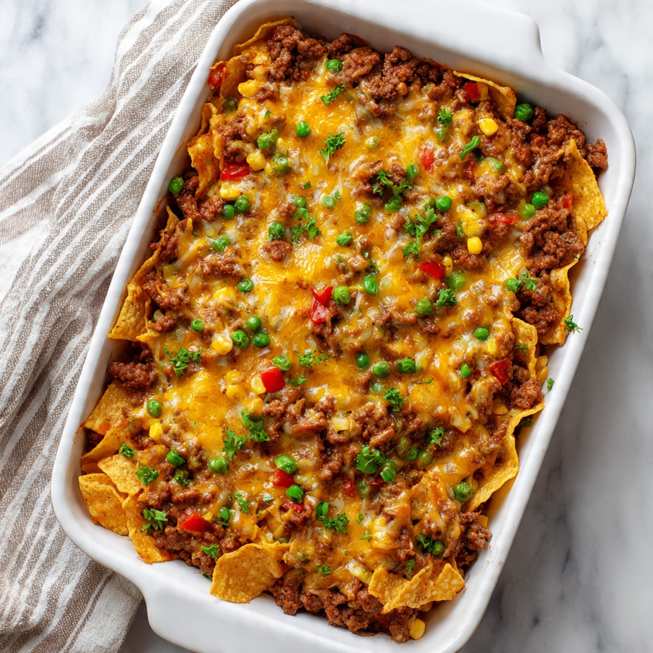 The image shows a white rectangular baking dish filled with a layered taco casserole. The bottom layer consists of broken tortilla chips with a rough texture in light yellow and orange shades. Above this, there is a thick layer of cooked ground beef mixed with small green peas and bits of diced red peppers, adding a mix of brown, green, and red colors. The top layer is melted cheese, golden and slightly browned in places, covering the entire surface and blending into the layers beneath. The dish is placed on a white marbled surface with a soft gray and beige striped cloth partially visible on the side. photo taken with an iphone --ar 4:5 --v 7