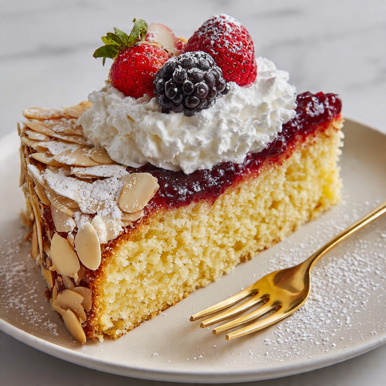 A slice of yellow almond cake sits on a white plate with a white marbled background. The cake has a crumbly texture and is topped with thin, toasted almond slices dusted lightly with powdered sugar. On top of the cake, there is a thick layer of dark red berry jam, covered by a generous heap of white whipped cream. The whipped cream is decorated with two blackberries and a halved strawberry, adding bright red and deep purple colors. A gold fork rests next to the cake slice, ready to be used. Photo taken with an iphone --ar 4:5 --v 7