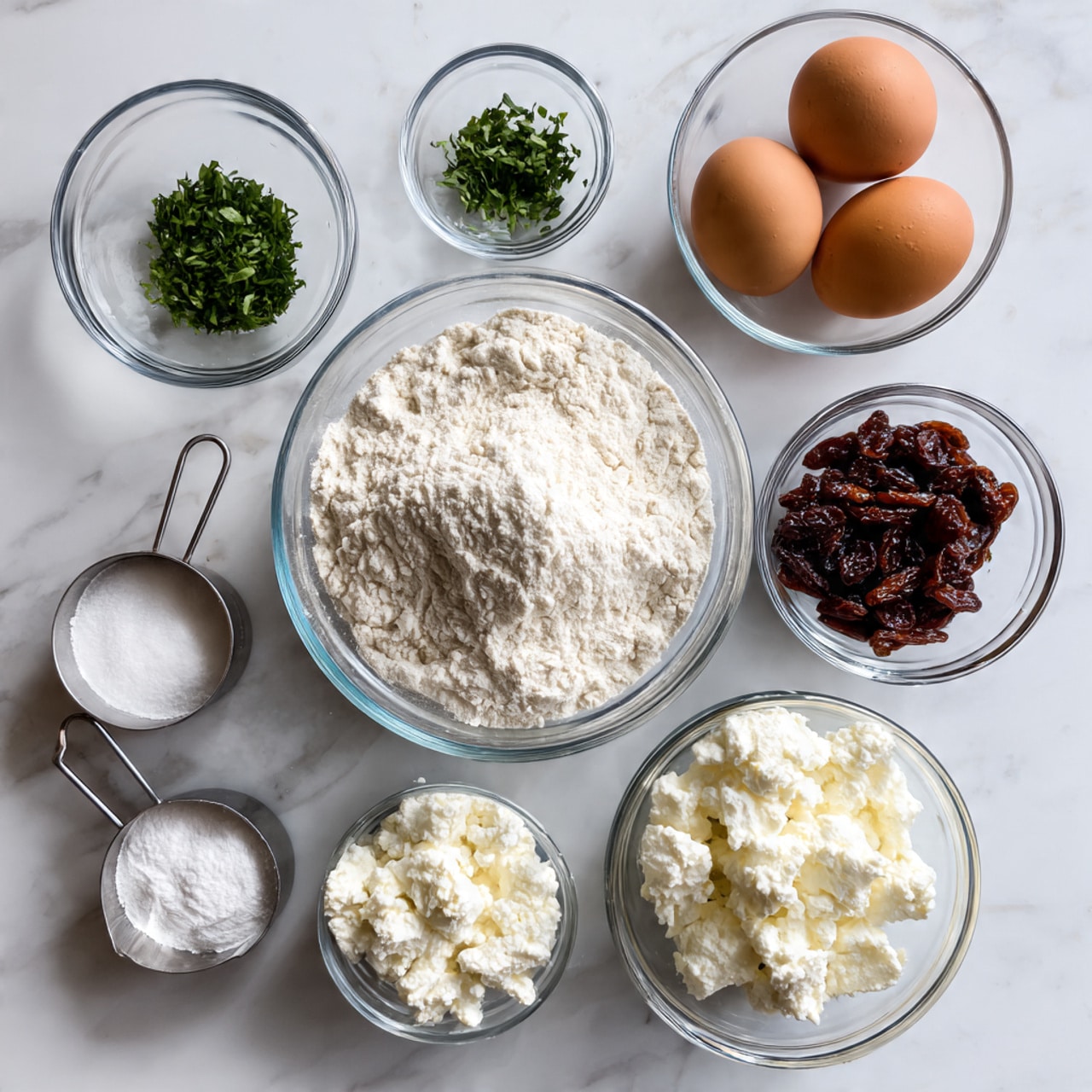 The image shows seven clear glass bowls and two metal measuring cups placed on a white marbled surface. In the center is a large glass bowl filled with white flour, showing a soft, powdery texture with a small mound. To the top right, a medium bowl holds two whole brown eggs with smooth shells. Below that, a metal measuring cup is filled with white cottage cheese with a lumpy texture. Above the flour bowl, to the top right, another medium glass bowl contains dark brown dried fruit pieces with a wrinkled texture. To the top left, a small glass bowl holds finely chopped green herbs with a leafy, fresh texture. To the bottom left, a very small bowl is filled with white powdered baking soda or baking powder, fine and soft. Next to it, a metal measuring cup holds small white cheese curds, showing a crumbly texture. The bowls and cups are neatly arranged, all on the white marbled background. photo taken with an iphone --ar 4:5 --v 7