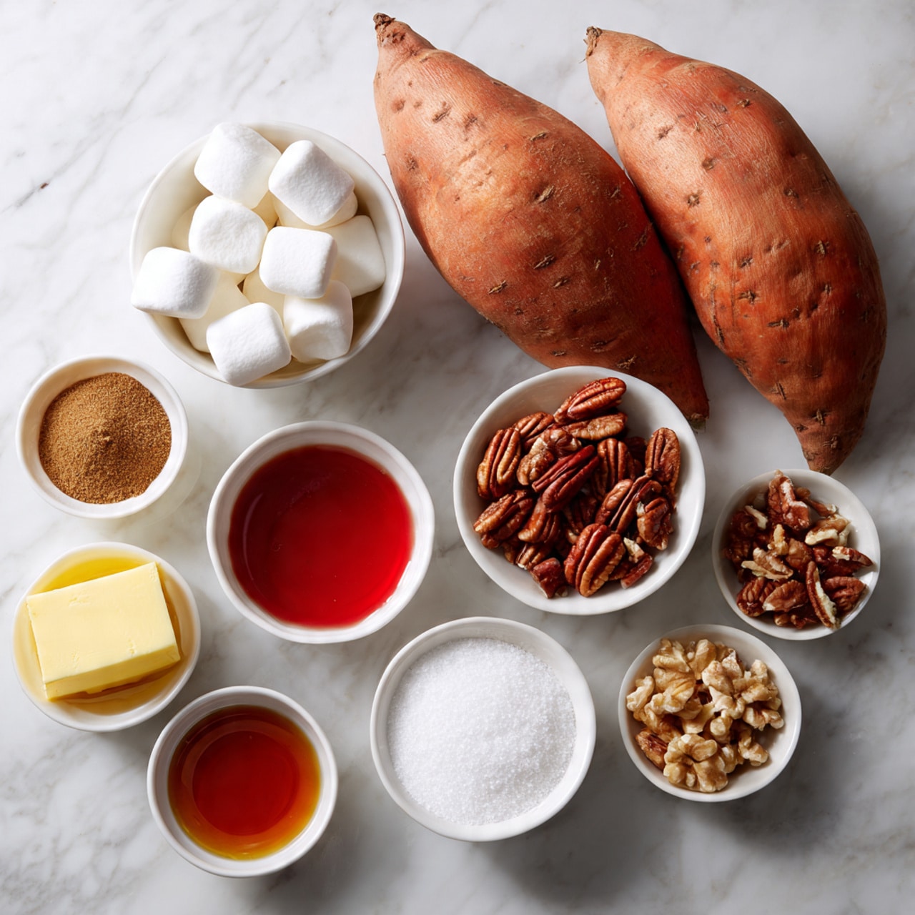Two whole sweet potatoes with orange skin are placed near the center on a white marbled surface. Small white bowls filled with various ingredients surround the sweet potatoes: one bowl has white marshmallows, another has pecans, a third contains a light brown powder, likely cinnamon, and a small dish has a bright red liquid, probably syrup. There is also a small bowl with a yellow square of butter and a white bowl with white granulated sugar. The colors include the warm orange of the sweet potatoes, bright white of the marshmallows and bowls, reddish syrup, and brown nuts and spices, all arranged neatly in a flat lay style photo taken with an iphone --ar 4:5 --v 7