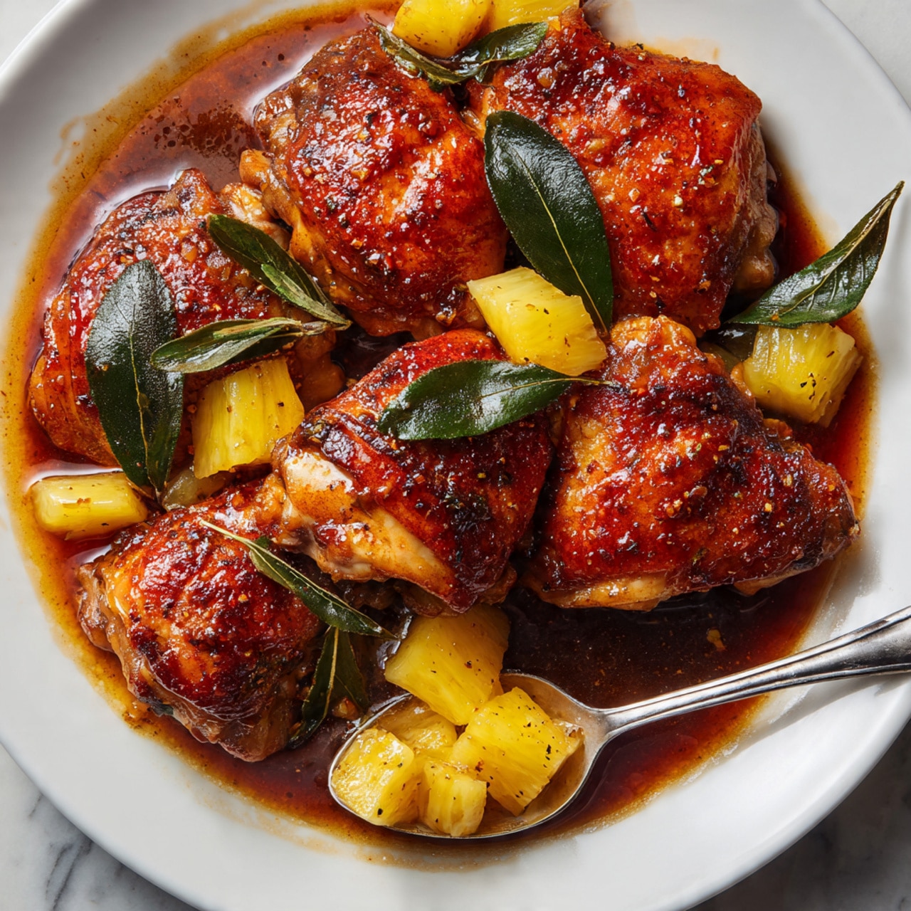 The image shows a close-up of several pieces of cooked brown chicken thighs arranged on the bottom layer, glistening with a shiny dark sauce. Scattered on top and around the chicken are small bright yellow pineapple chunks and dark green bay leaves. The chicken skin looks crispy with a rich reddish-brown color, and the sauce pools lightly around the ingredients, giving a glossy texture. A silver spoon is placed near the bottom right, holding a pineapple piece and some sauce. The background is a white marbled texture. photo taken with an iphone --ar 4:5 --v 7