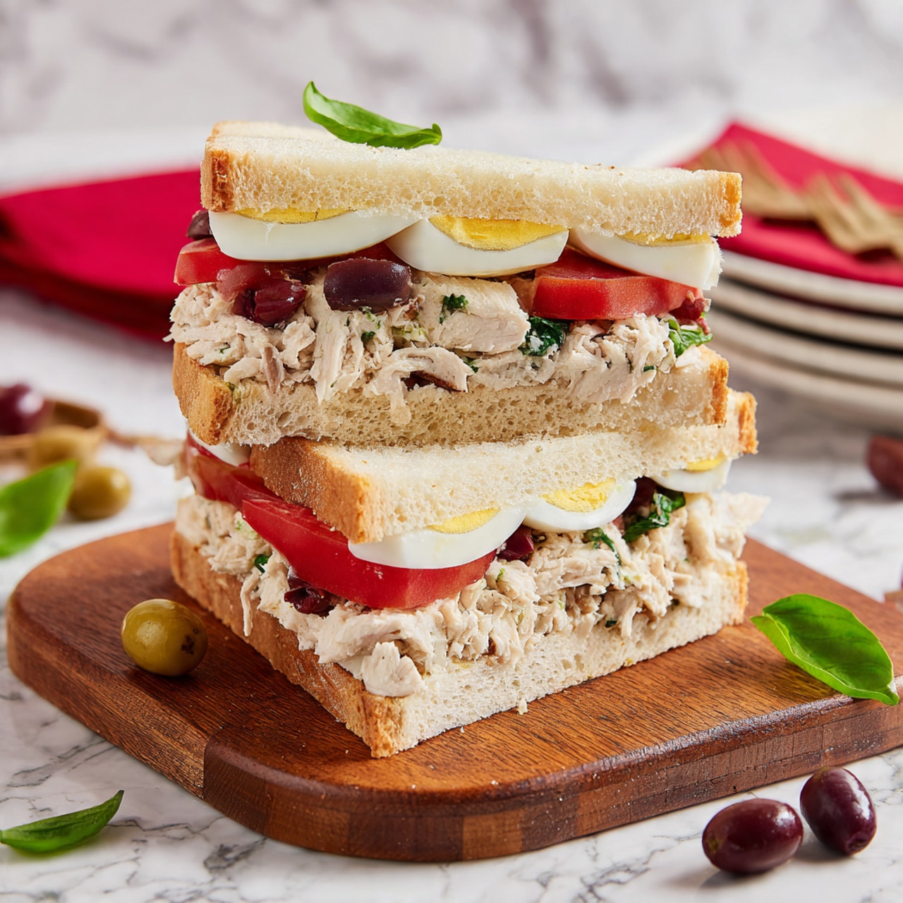 The image shows a sandwich cut in half and stacked, placed on a wooden board. The sandwich has three main layers inside light golden brown crusty bread. The bottom layer is shredded cooked chicken with a dry, flaky texture. Above that are whole dark purple olives scattered throughout. The next layer includes white slices of hard-boiled egg with a smooth texture, topped with a thick red slice of tomato. On top of the tomato are small green basil leaves adding fresh green color. The wooden board is on a white marbled surface, with a few stray basil leaves and olives around, and a white plate with a red napkin is in the background. photo taken with an iphone --ar 4:5 --v 7