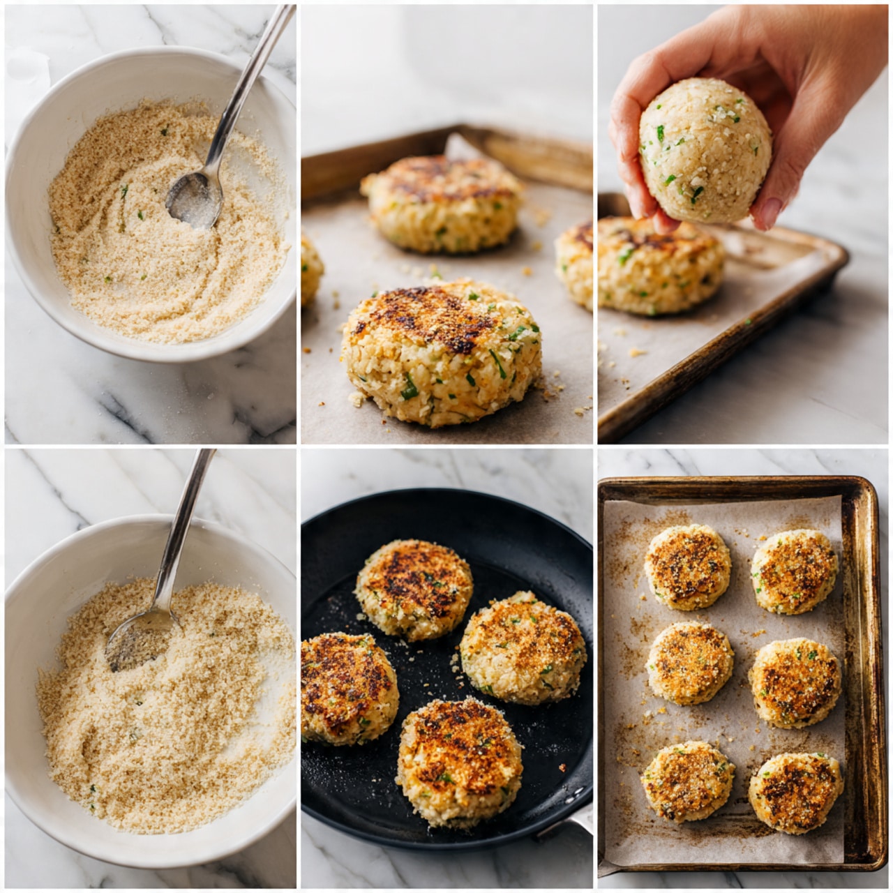 The image shows six steps of making patties. The first step has a white bowl with mixed light beige dough that has green bits inside, and a metal spoon inside the bowl. The second step shows a close-up of a woman's hand holding a round ball of the same beige dough with green bits. The third step has four flattened round patties placed on a dark baking sheet, all light beige with green bits. The fourth step shows one patty being coated in a fine, pale yellow crumb mixture inside a white shallow bowl. The fifth step shows five crumb-coated patties placed in a black pan, the patties having a light beige crumb layer on top. The last step shows the same five patties in the pan, now browned and cooked on the bottom side with an oil sheen visible. All photos are on a white marbled surface. Photo taken with an iphone --ar 4:5 --v 7
