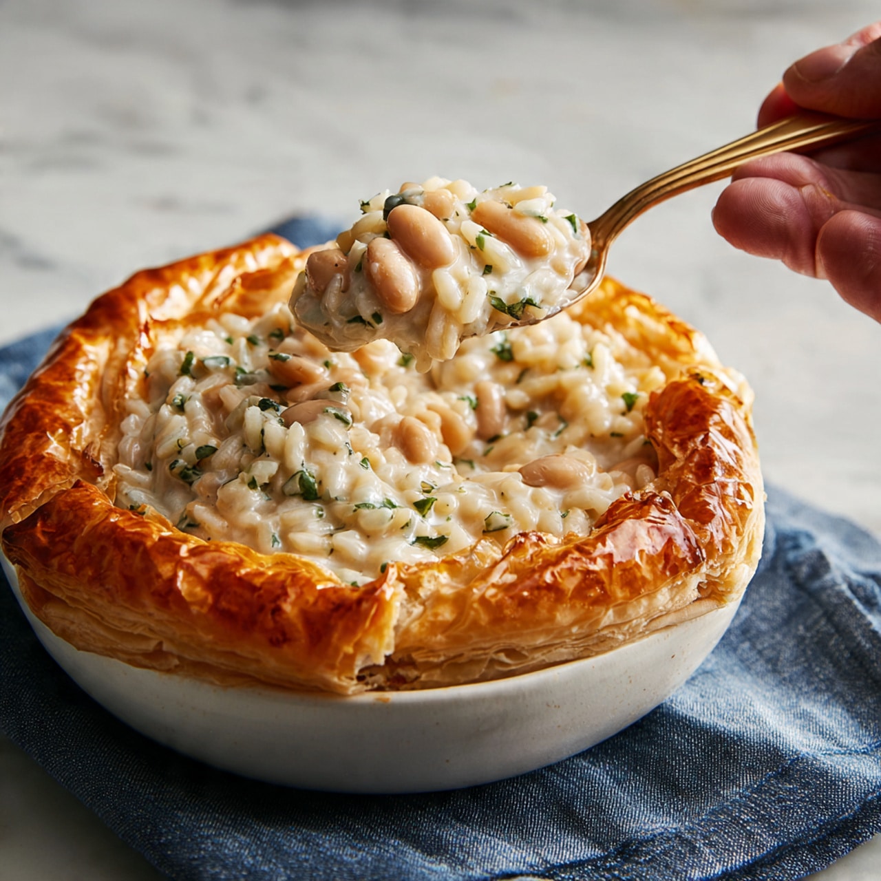 The image shows a white bowl filled with rice or creamy risotto that has small white beans and green herbs mixed in. The bowl is covered with a puffed, golden-brown pastry layer that sits on top, edges hanging over the bowl's rim. A woman's hand is gently holding a spoon inside the bowl, lifting some of the creamy filling. The bowl is placed on a dark blue and white cloth on a white marbled surface. The background is softly blurred, keeping the focus on the bowl and its food. photo taken with an iphone --ar 4:5 --v 7