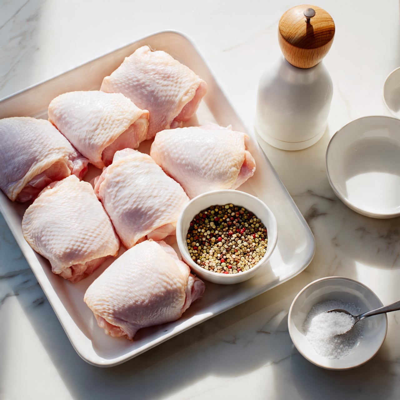 The image shows a white rectangular tray holding six raw chicken thighs arranged in two rows around the edges, each piece pale pink with some white skin texture visible. In the center of the tray, there is a small white bowl filled with mixed peppercorns. To the right of the tray on a white marbled surface, there is a white bottle with a wooden top, a white salt grinder, and a small white bowl with a spoon containing white salt. The lighting is soft and natural, highlighting the fresh raw chicken and clean white items. The photo taken with an iphone --ar 4:5 --v 7