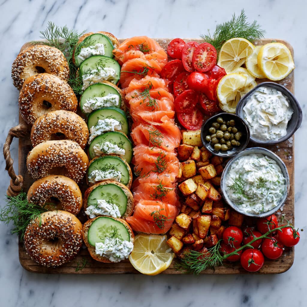 Salmon Bagel Board with Fresh Toppings and Spreads Recipe
