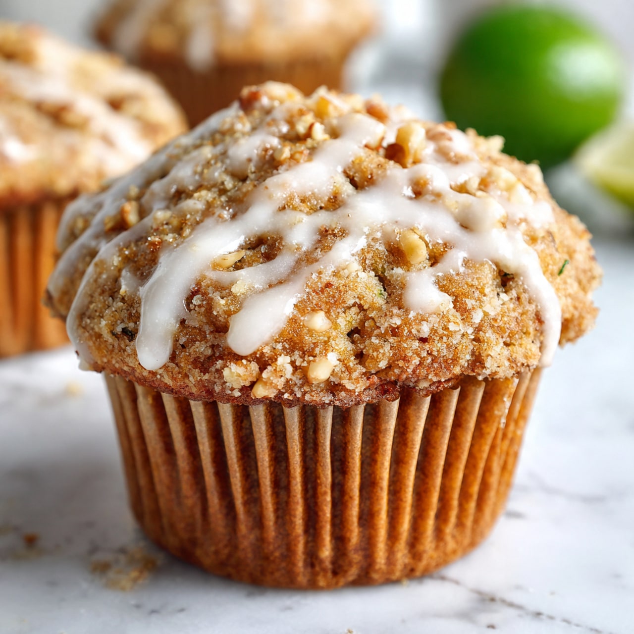 A close-up of a single muffin with a light brown crumb and visible nuts on top, drizzled with white icing. The muffin wrapper is creased and light brown, sitting open on a white marbled surface. In the background, there are blurred green and white shapes suggesting fruit or other muffins. Photo taken with an iphone --ar 4:5 --v 7