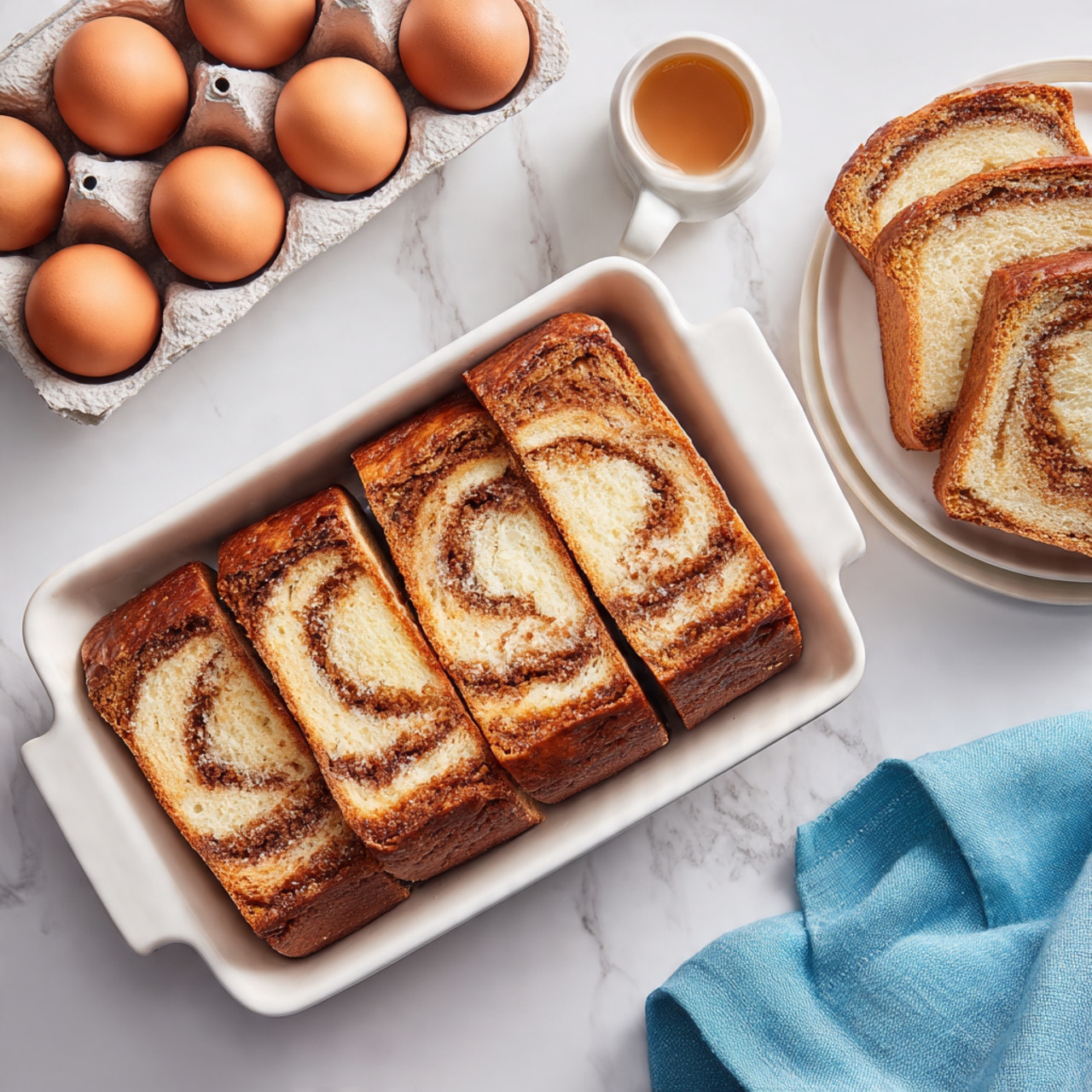 The image shows a white baking dish with six rectangular slices of cinnamon swirl bread neatly placed inside in two rows of three. Each slice has a light brown crust with darker brown swirls visible throughout the soft, beige interior. To the right, there is a white serving plate with additional slices of the same bread arranged in a row. In the upper left, a carton holds six brown eggs on the white marbled surface, along with a small white cup and a shot glass containing a light brown liquid. A blue cloth napkin is partially visible on the right edge. The photo taken with an iphone --ar 4:5 --v 7