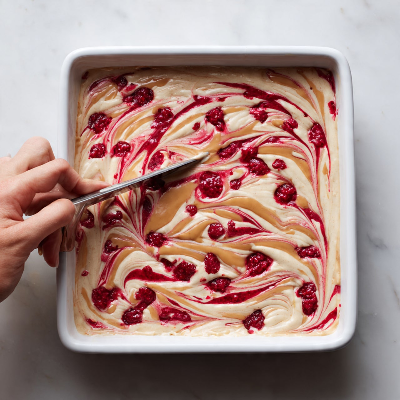 A white square baking dish is filled with a creamy beige batter that looks thick and slightly textured. Swirled throughout the batter are rich red streaks of raspberry and smooth tan ribbons of peanut butter, creating a marbled pattern across the surface. A woman's hand holds a knife, dragging gently through the top left corner, blending the swirls slightly. The dish sits on a white marbled surface, giving a clean and bright background. photo taken with an iphone --ar 4:5 --v 7