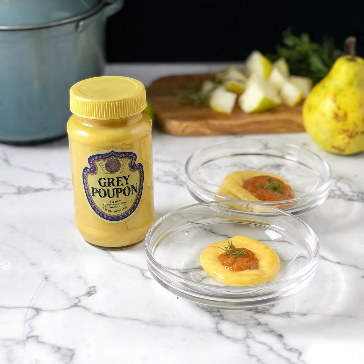 The image shows a jar of yellow Dijon mustard labeled