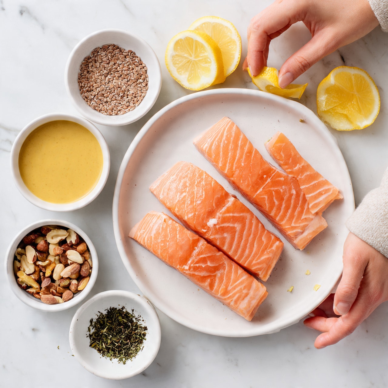 The image shows a white plate with four raw salmon fillets, pink and smooth, placed on the right side. Around the plate, there are small white bowls and containers with different ingredients: light brown seeds in a small bowl at the top left, lemon wedges below it, a bowl of light mustard-colored sauce to the left center, black pepper in a small white dish below the lemon wedges, green dried herbs beside the pepper, crushed nuts in a bowl below the sauce, and bright yellow grated lemon zest in a small white container on the bottom right. The surface is a white marbled texture, and a woman's hand is adjusting one of the lemon wedges. Photo taken with an iphone --ar 4:5 --v 7