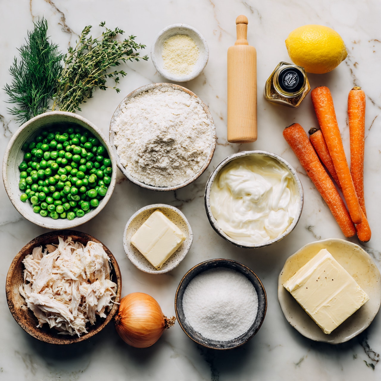 The image shows various baking ingredients arranged neatly on a surface with a white marbled texture. There is a small bowl of white flour, a rolling pin placed vertically in the center, a bowl of green peas, a few carrots, an onion, a lemon, a small bowl of white cream, a block of butter, a bowl with shredded chicken, a small bowl of sugar, and a bottle of black pepper. Fresh green herbs lie on the upper left corner. All items are spaced out clearly, with bright natural light highlighting their colors and textures. Photo taken with an iphone --ar 4:5 --v 7