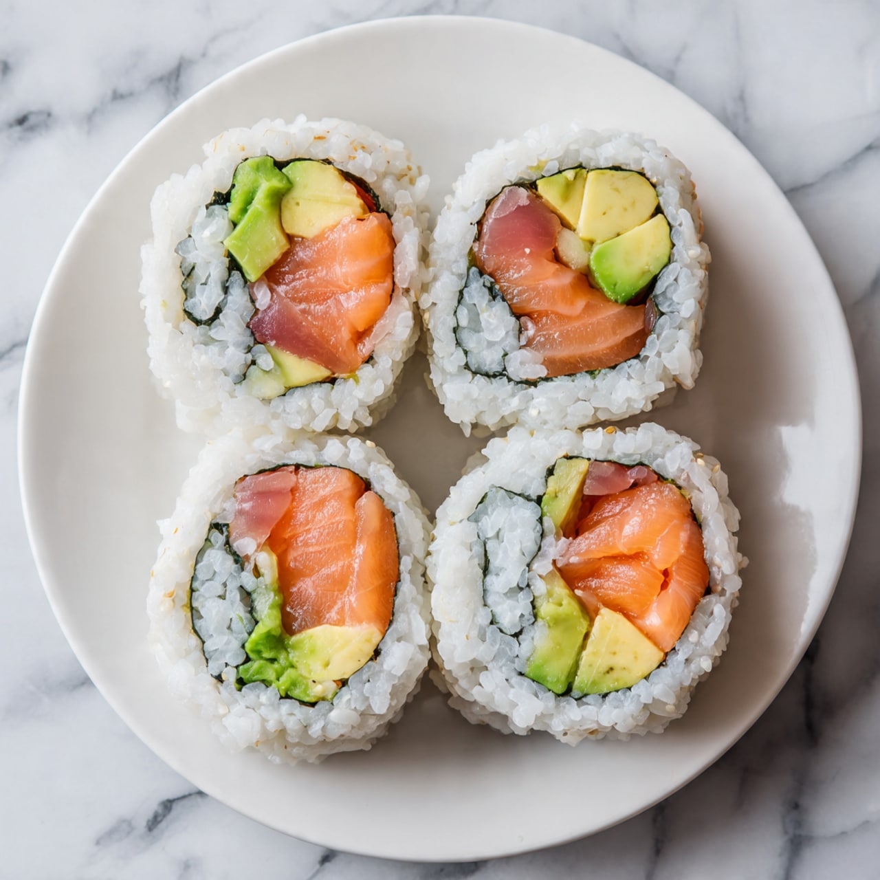 The image shows four sushi rolls on a white plate, each with three clear layers. The outer layer is white rice with a slightly grainy texture, wrapped around a middle thin dark green seaweed layer, which holds the fillings inside. The innermost layer is a combination of fresh raw salmon with a bright orange-pink color and smooth texture, along with creamy avocado pieces with light green and yellow tones. The sushi rolls are neatly cut and closely placed on a white marbled surface. Photo taken with an iphone --ar 4:5 --v 7