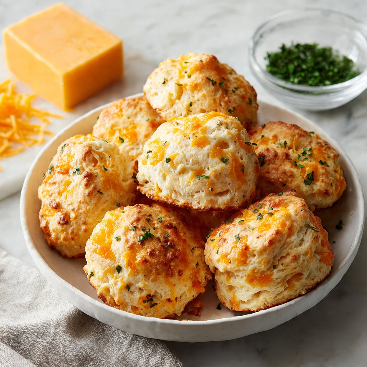The image shows a white bowl filled with about eight golden-brown biscuits. Each biscuit has a rough, uneven texture with small bits of orange cheese baked on top and green herbs sprinkled all over. The biscuits have a light, crumbly look with some parts being a pale beige color. The bowl sits on a white marbled surface with a block of orange cheese and some shredded cheese nearby, along with a small clear bowl of chopped green herbs in the background. The lighting highlights the warm, baked color of the biscuits, making them look fresh and tasty photo taken with an iphone --ar 4:5 --v 7