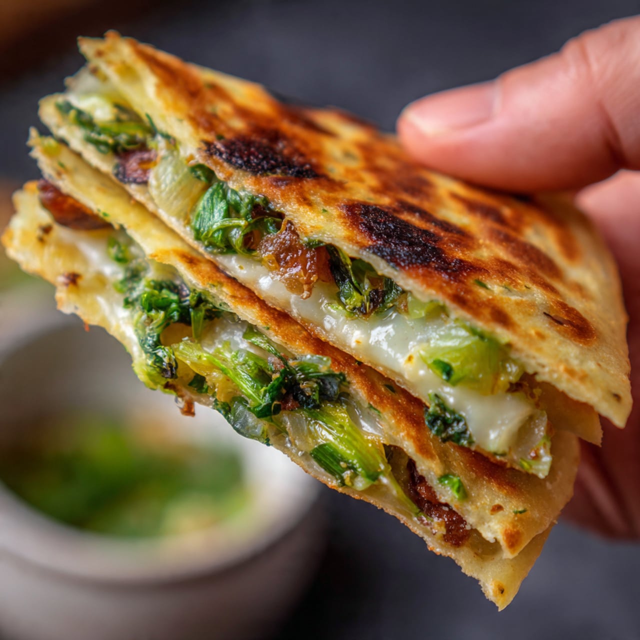 A close-up of a woman's hand holding a slice of quesadilla with two visible layers, the outer layer is a golden-brown crispy tortilla with a slightly blistered texture, and the inside layer shows melted pale yellow cheese mixed with cooked green leafy vegetables and small browned pieces of onion, all held above a blurred background with hints of green and black. photo taken with an iphone --ar 4:5 --v 7