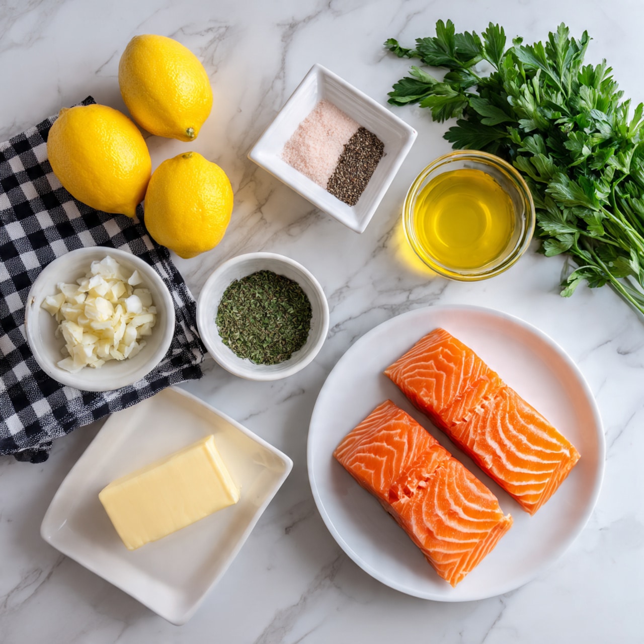 The image shows ingredients arranged neatly on a white marbled surface. There are three bright orange salmon fillets with white lines on a white plate in the lower right corner. Above the salmon, there is a small glass bowl filled with a yellow liquid that looks like oil. Next to it is a square white bowl divided into two parts, one side with pink salt and the other with black pepper. In the center, a small white bowl holds green dried herbs. Above the herbs, two whole yellow lemons sit on a black and white checkered cloth. To the left, a small glass bowl contains finely chopped garlic, and below that, a white plate holds a stick of butter. In the upper right corner, there is a bunch of fresh green parsley. All items are placed clearly and evenly spaced. Photo taken with an iphone --ar 4:5 --v 7