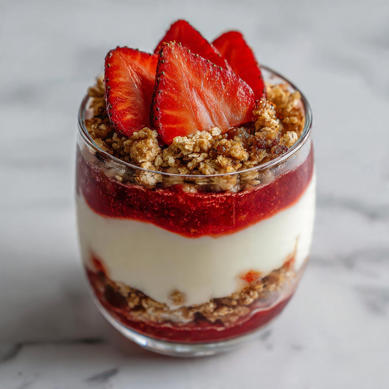 A clear glass shows a dessert with three layers, placed on a white marbled surface. The bottom layer is smooth and white cream, soft in texture. The middle layer is thick red fruit sauce mixed with crunchy granola, with chunks of strawberries visible. The top layer returns to the white cream, thick and smooth, topped with more crunchy granola and fresh, bright red strawberries sliced and arranged neatly in the center. The scene feels fresh and colorful. Photo taken with an iphone --ar 4:5 --v 7