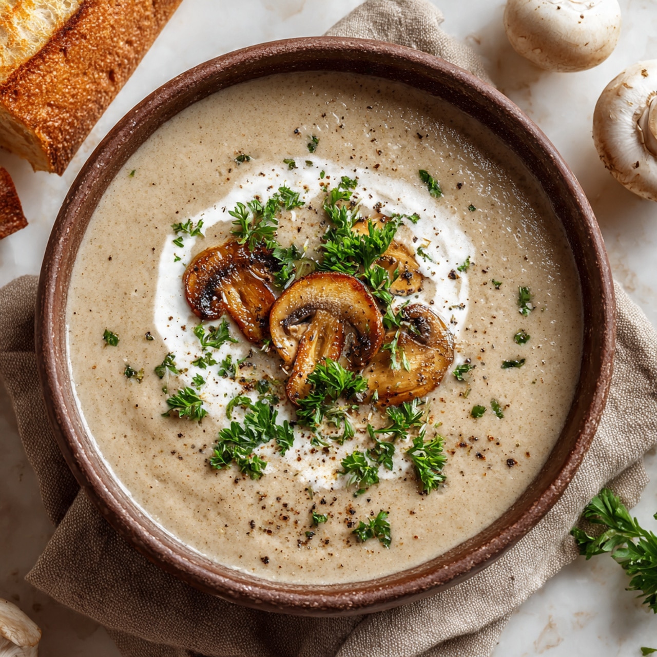 A brown bowl filled with creamy light beige mushroom soup sits on a rough light brown cloth, placed on a white marbled surface. The soup surface is smooth and thick, topped with a white dollop of cream in the center, three small browned mushroom slices, small white mushroom pieces, a sprinkle of black pepper, and a small bunch of fresh bright green parsley right in the middle. In the blurry background, whole white and brown mushrooms and pieces of bread are visible, adding to the cozy setting. Photo taken with an iphone --ar 4:5 --v 7