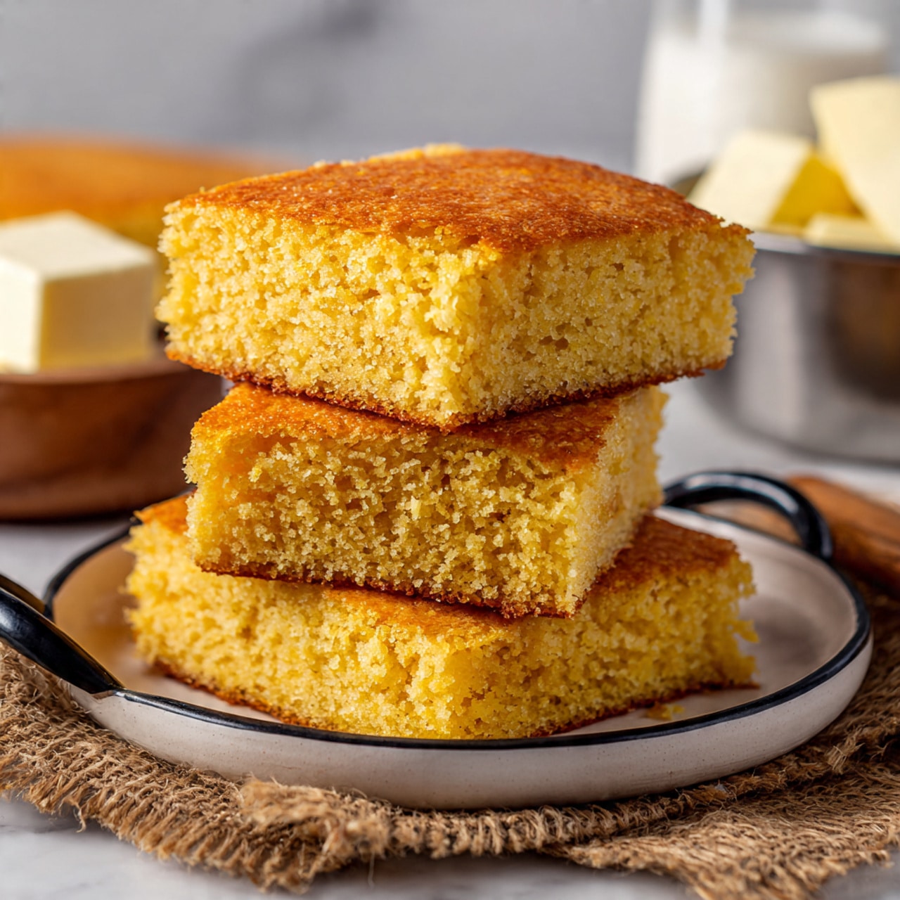 The image shows three thick square pieces of golden cornbread with a soft, crumbly texture stacked on a round white plate with black handles. The cornbread has a light golden top layer and a moist, slightly grainy interior. The plate is placed on a piece of coarse brown burlap fabric. In the background, there is a white marbled surface with a white bowl of butter cubes, a metal baking pan, and a glass of milk, all softly blurred. Photo taken with an iphone --ar 4:5 --v 7