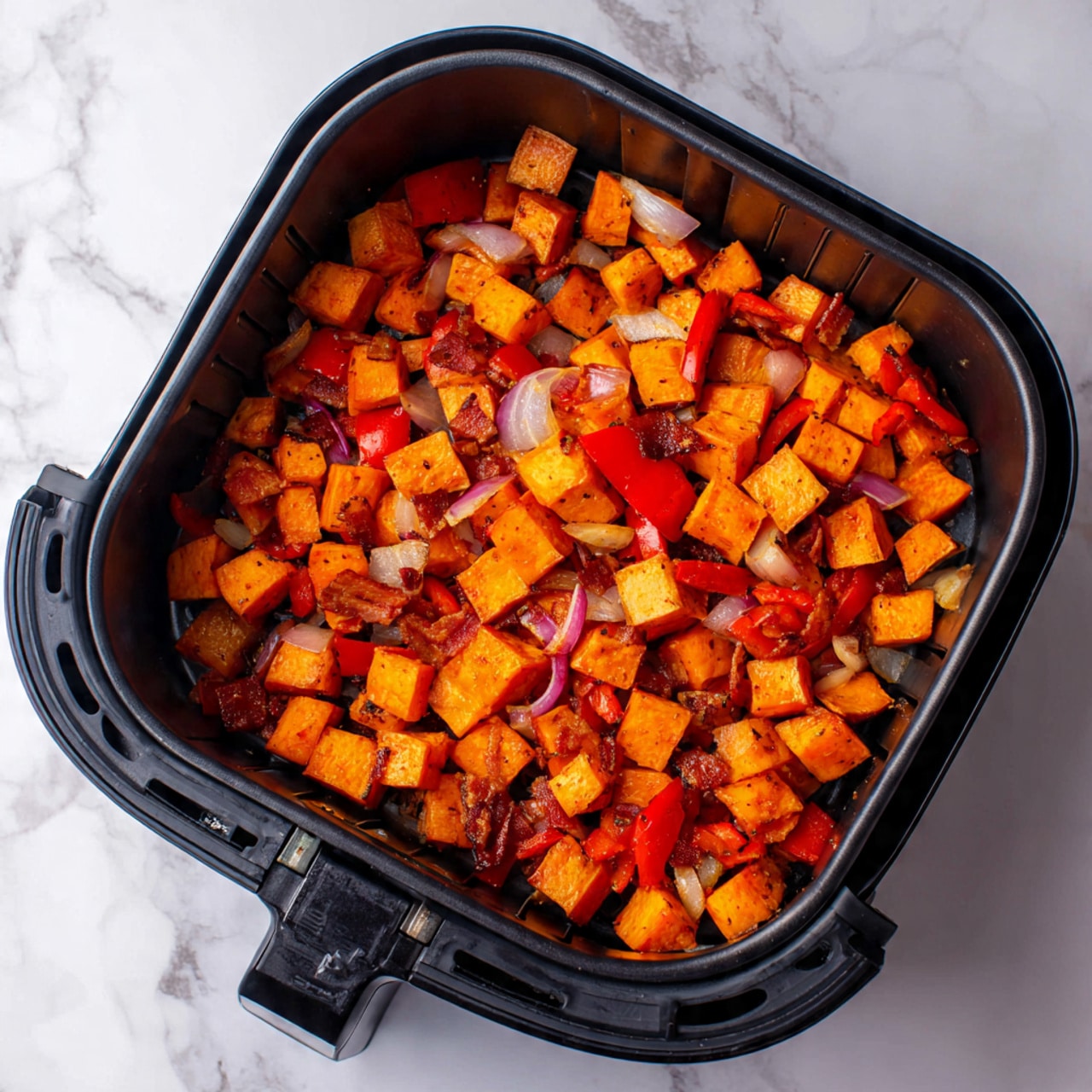 The image shows a black air fryer basket filled with small, evenly cooked cubes of orange sweet potatoes mixed with red bell pepper pieces and small bits of light brown onions. There are also some small crispy bacon pieces scattered throughout, giving a mix of orange, red, and brown colors with a slightly shiny and textured surface. The basket sits on a white marbled surface. Photo taken with an iphone --ar 4:5 --v 7