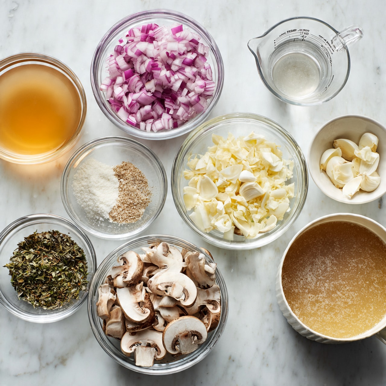 The image shows ingredients in six clear glass bowls on a white marbled surface. The bowls contain chopped red onions, fresh chopped herbs, sliced garlic cloves, a creamy white powder, a mix of sliced white and brown mushrooms, and a dry mix of sliced mushrooms in a small white pot. To the side, there is a clear glass cup filled with light brown liquid broth and a clear glass measuring cup with a white liquid. The arrangement is neat, with each ingredient clearly visible and separated. Photo taken with an iphone --ar 4:5 --v 7