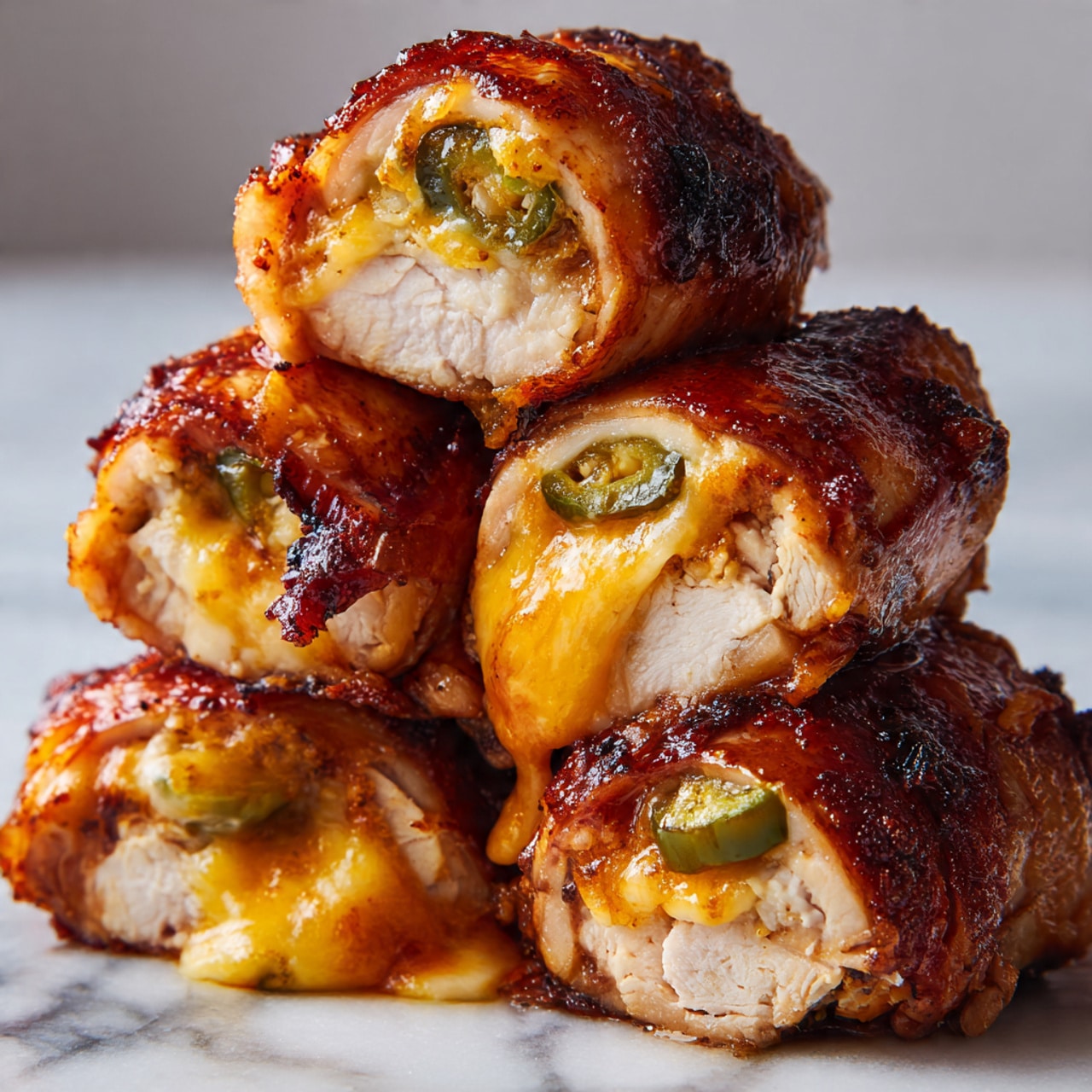 A close-up image shows five pieces of cooked chicken rolls stacked in a pyramid shape on a white marbled surface. Each roll has three visible layers: the outer layer is a shiny, dark brown roasted chicken skin with a slight char, the middle layer is a thick, creamy melted cheese that looks soft and gooey in orange-yellow color, and the innermost layer is a green jalapeno pepper slice visible in the center of each roll. The texture of the chicken looks juicy and tender, with the cheese oozing out slightly around the peppers. The rolls are tightly packed and have a rich, savory look. Photo taken with an iphone --ar 4:5 --v 7