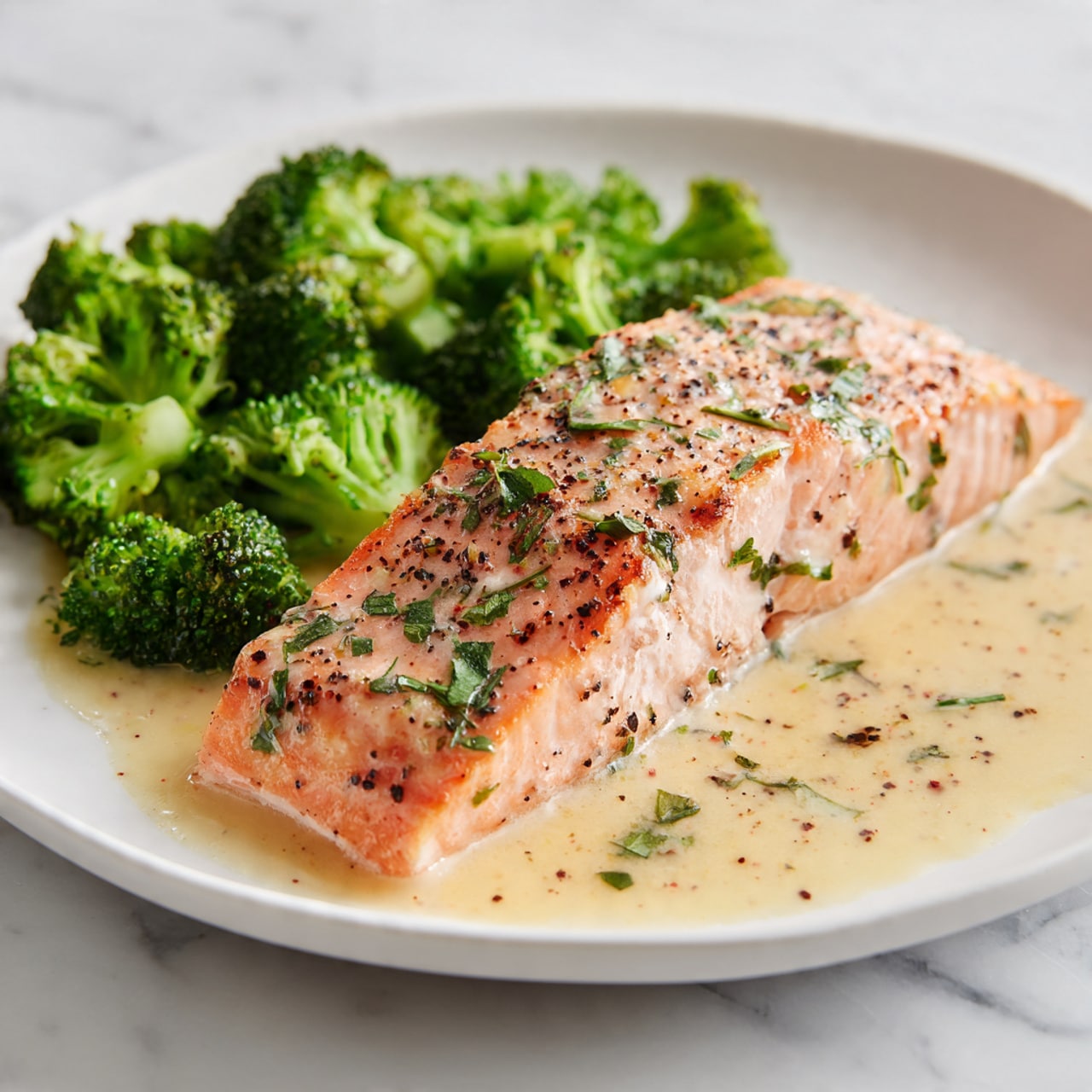 A white plate holds a cooked salmon fillet in the front center, its pink-orange flesh topped with specks of black pepper and green herbs, showing a slightly textured surface from the seasoning. Behind the salmon, there are many small steamed broccoli florets, bright green and clustered together, filling the upper background of the plate. The salmon rests on a pale creamy sauce with visible herbs, pooling slightly underneath. The plate sits on a white marbled surface. photo taken with an iphone --ar 4:5 --v 7