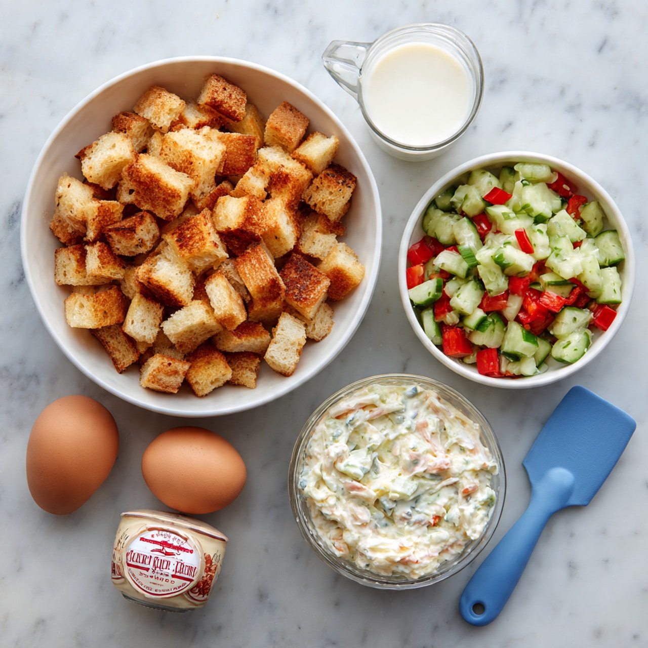 The image shows four white bowls arranged on a white marbled surface. One large bowl at the top left is filled with toasted bread cubes, showing a light golden brown color with a crunchy texture. To the top right, a smaller bowl holds a fresh salad made of chopped cucumber and red bell pepper pieces, bright and colorful with a crisp appearance. Below the salad bowl is a container of creamy crab dip with a red and white label. On the left side, another small bowl holds two brown eggs with a smooth texture. Next to it, there’s a glass of milk filled almost to the top, showing a smooth white surface. A blue silicone spatula lies on the right side of the setup. Photo taken with an iphone --ar 4:5 --v 7