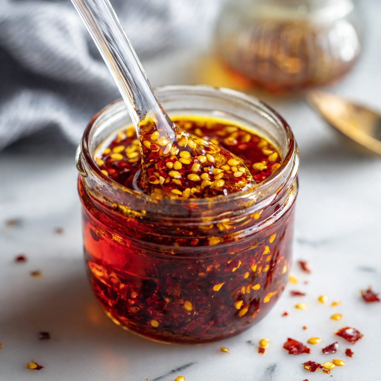The image shows a close-up of a clear glass jar filled with a shiny, deep red-orange chili oil mixed with bright yellow chili seeds and small red chili flakes floating on the top layer. Inside the jar, a clear glass stirring rod is dipped into the thick, glossy liquid, slightly lifting some of the chili seeds and flakes. The jar is placed on a white marbled surface with a few scattered chili flakes around it. In the blurred background, there is a hint of a striped cloth and a glass object, adding subtle texture and context to the setting. photo taken with an iphone --ar 4:5 --v 7